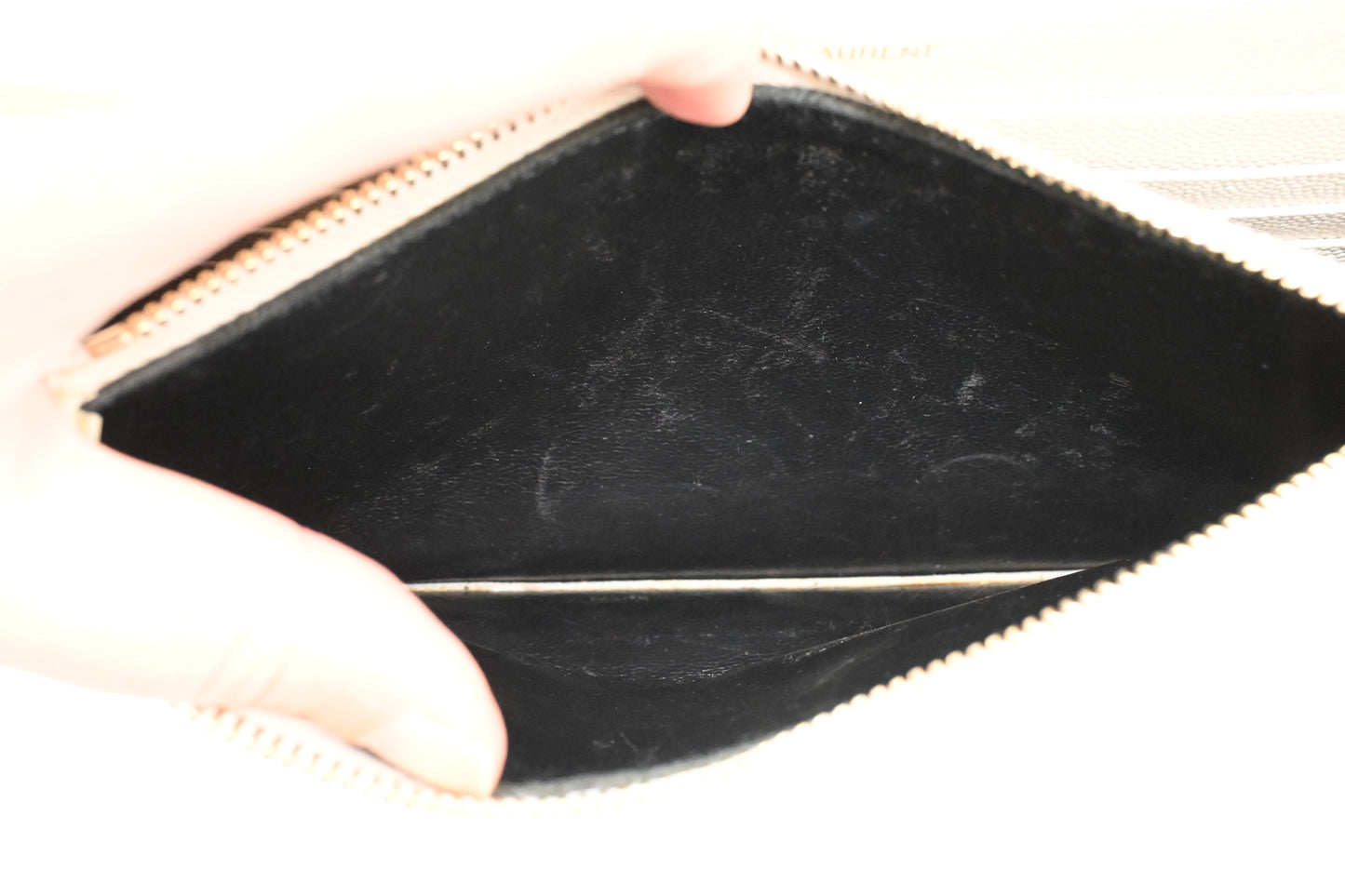YSL Saint Laurent Cassandra Clutch on Chain in White Grain de Poudre Leather
