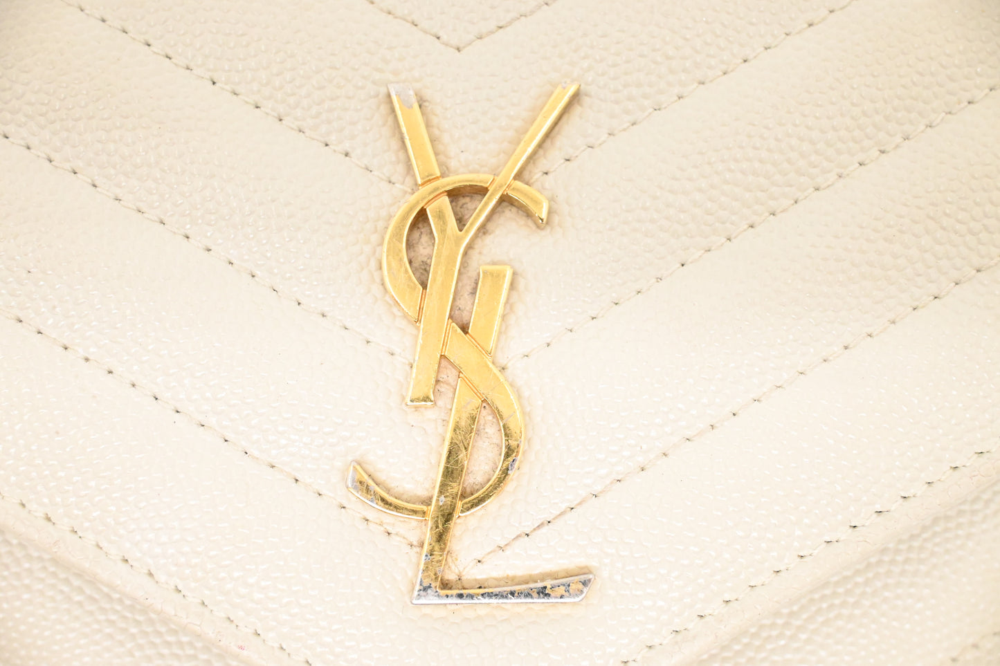 YSL Saint Laurent Cassandra Clutch on Chain in White Grain de Poudre Leather