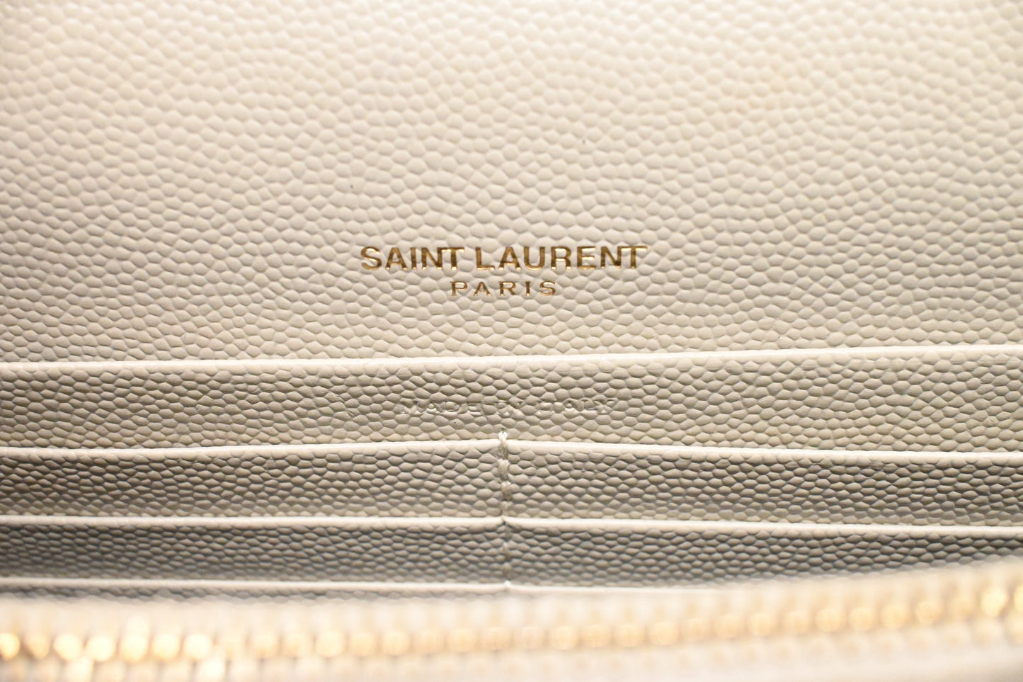 YSL Saint Laurent Cassandra Clutch on Chain in White Grain de Poudre Leather