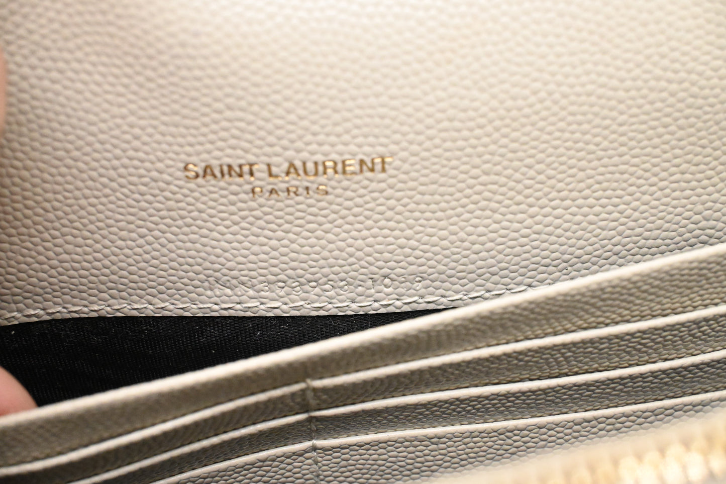 YSL Saint Laurent Cassandra Clutch on Chain in White Grain de Poudre Leather