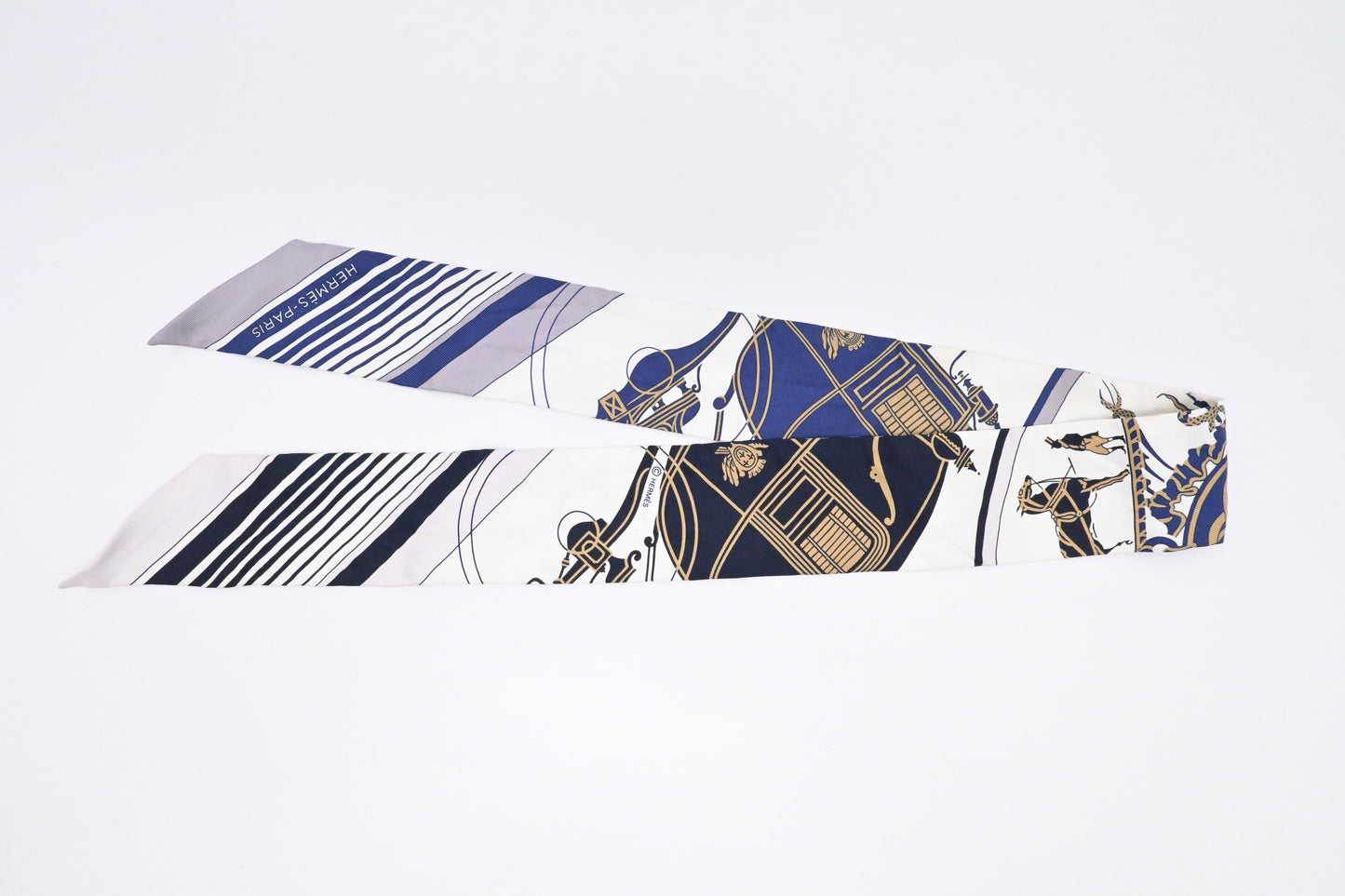 Hermes 'Ex Libris' Twilly in White and Blue Silk