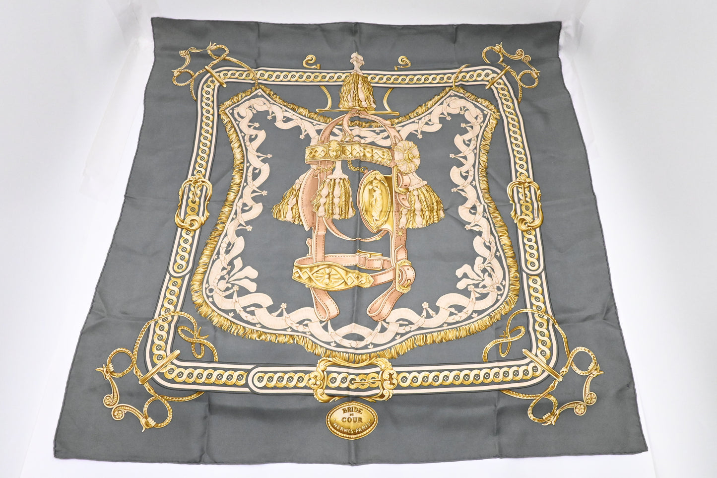 Hermes 'Bride de Cour' Carre 90 in Gray Silk