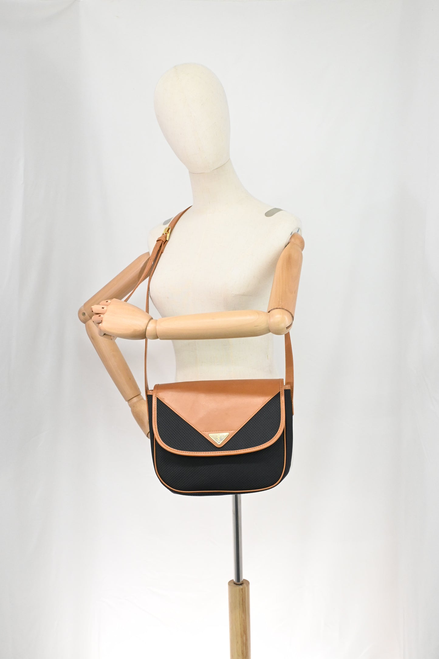 YSL Saint Laurent Crossbody Bag in Black Rubber Canvas and Brown Leather