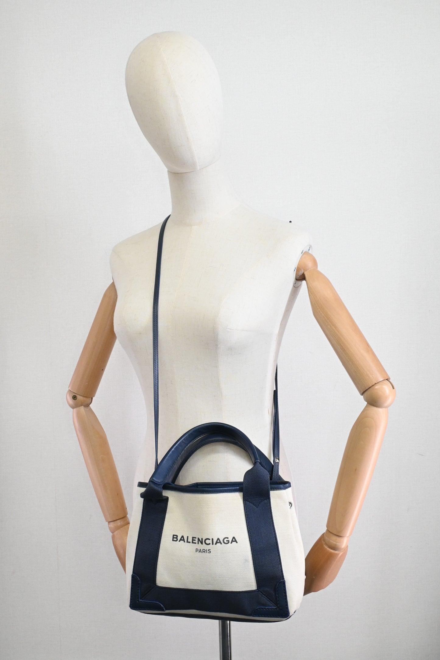 Balenciaga Cabas XS in White and Navy Blue Canvas