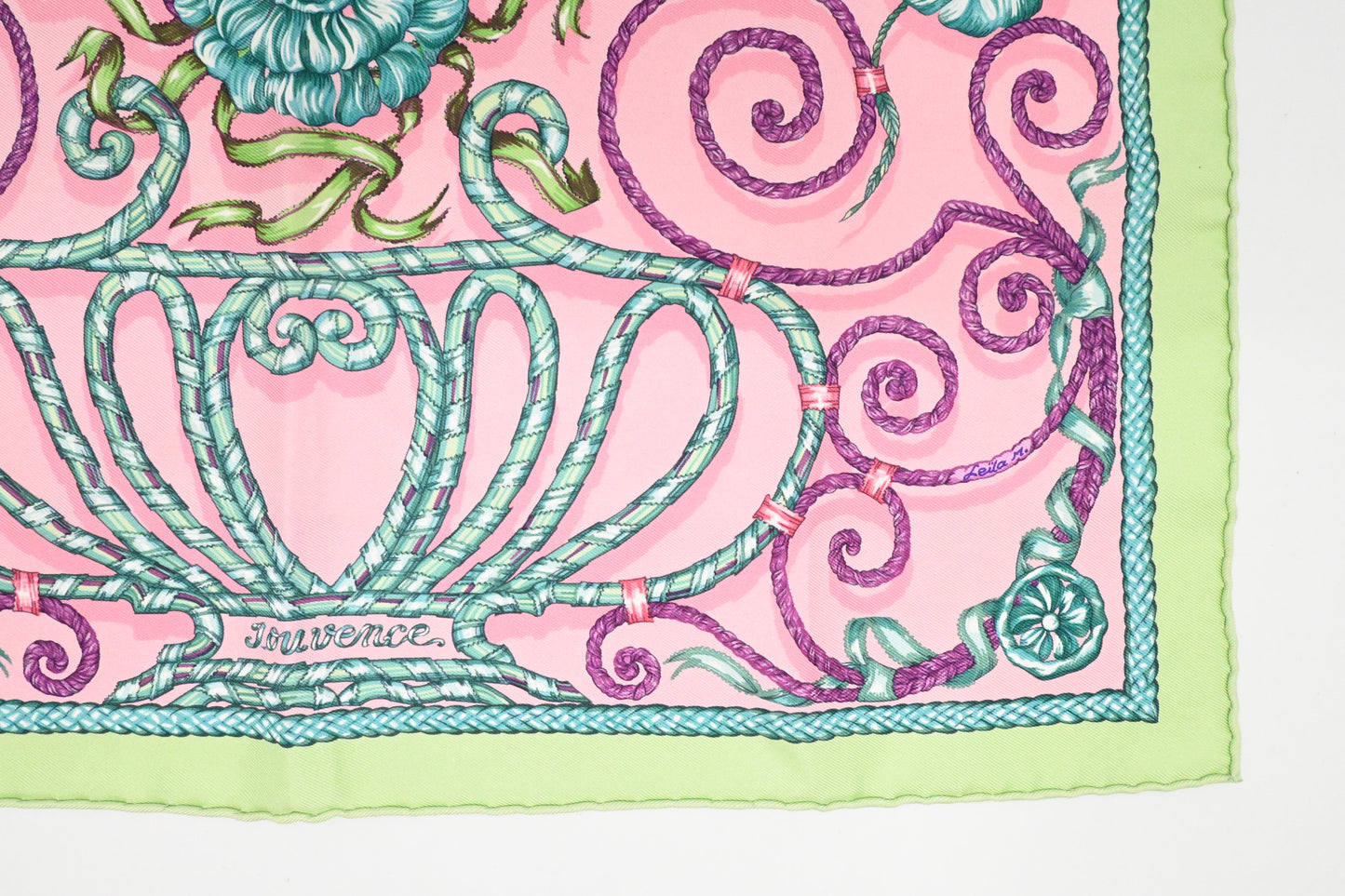 Hermes 'Jouvence' Gavroche in Light Green and Pink Silk