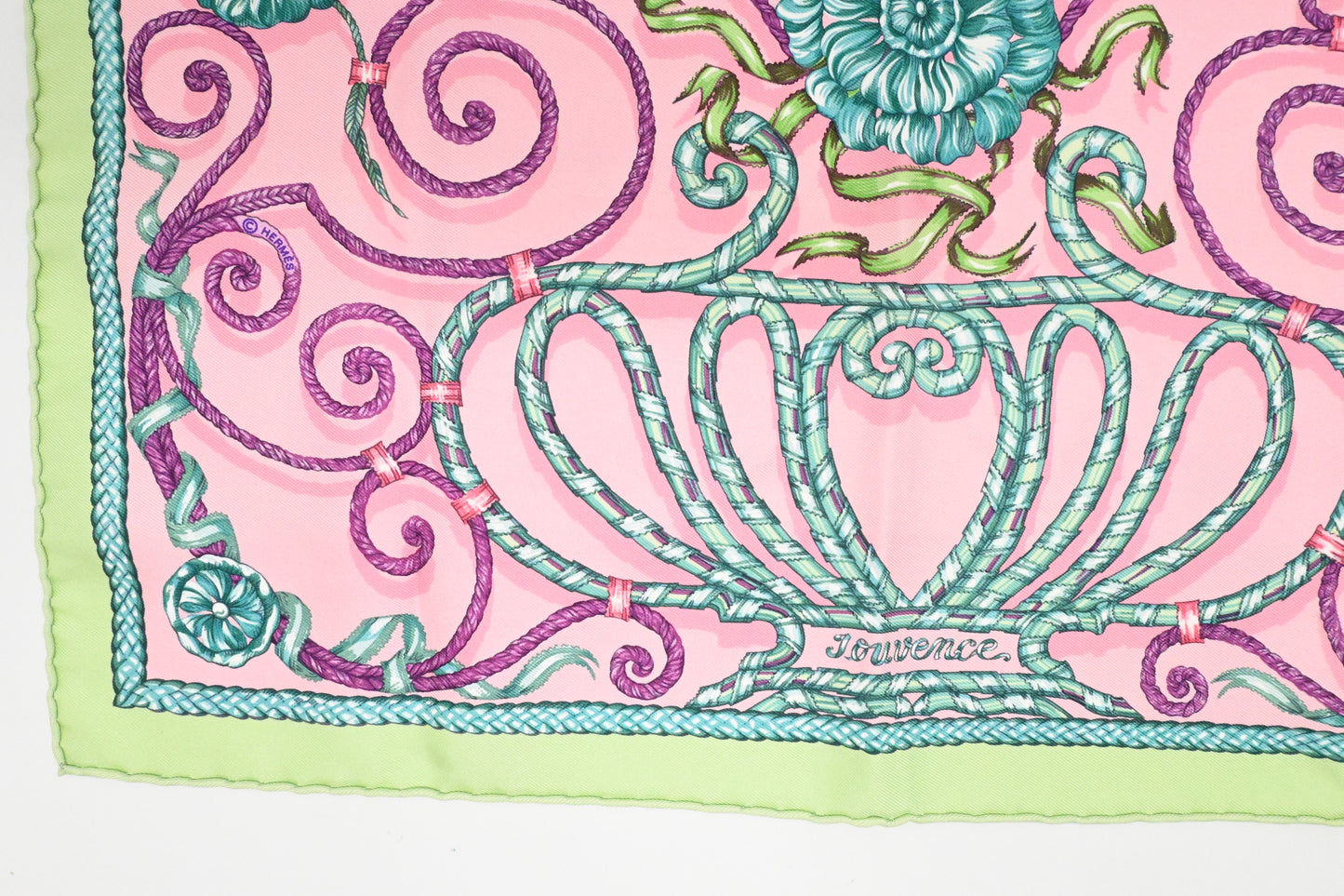 Hermes 'Jouvence' Gavroche in Light Green and Pink Silk