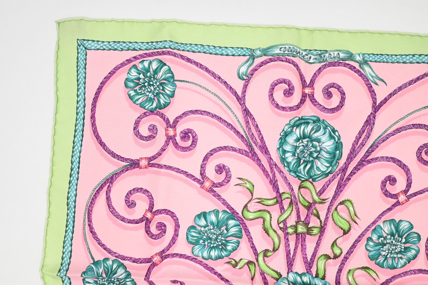 Hermes 'Jouvence' Gavroche in Light Green and Pink Silk