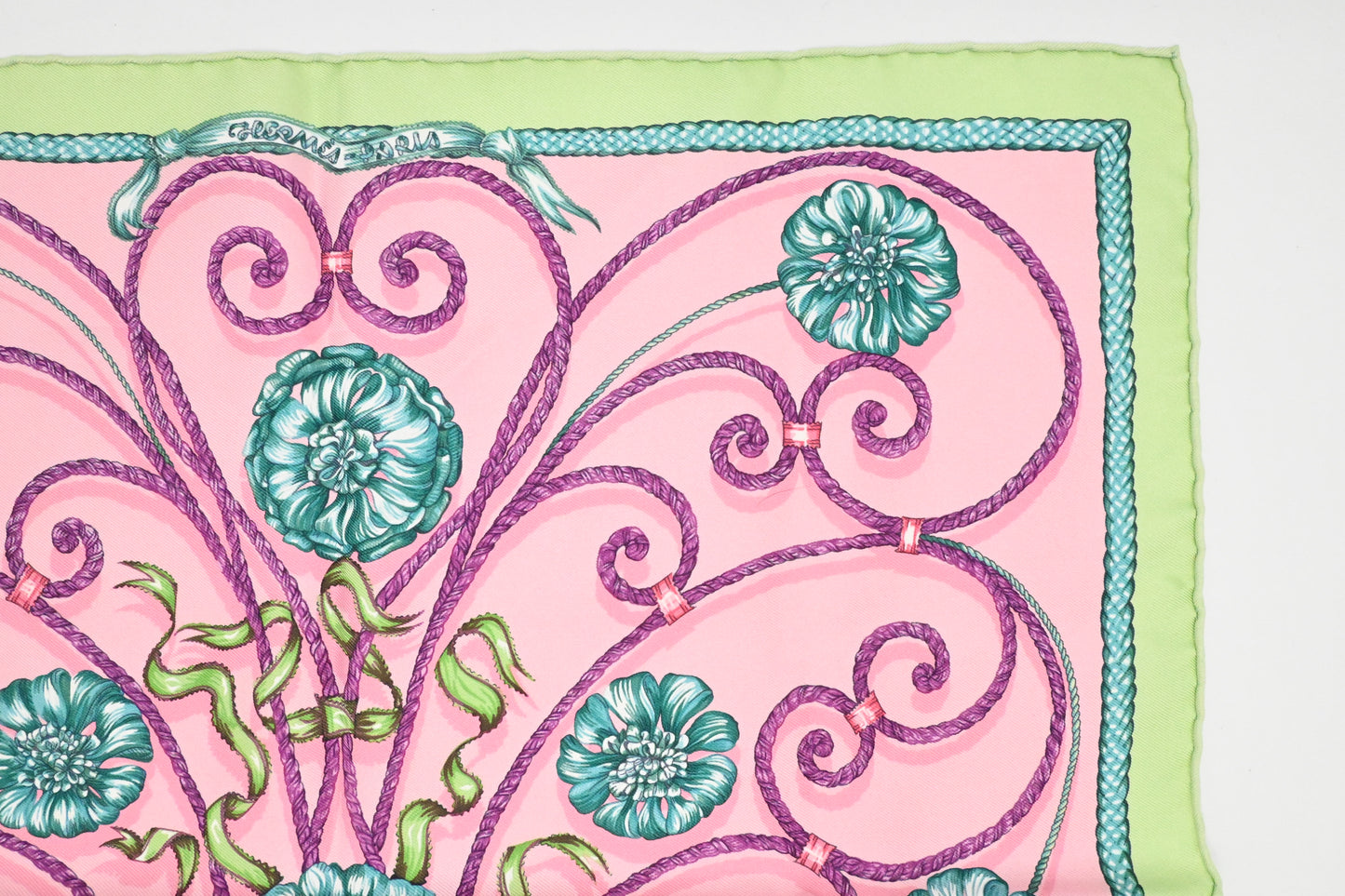 Hermes 'Jouvence' Gavroche in Light Green and Pink Silk
