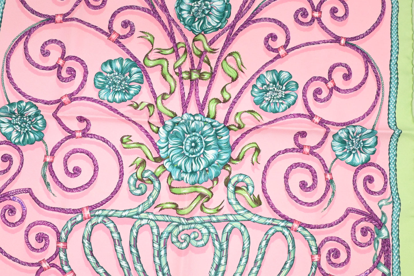 Hermes 'Jouvence' Gavroche in Light Green and Pink Silk