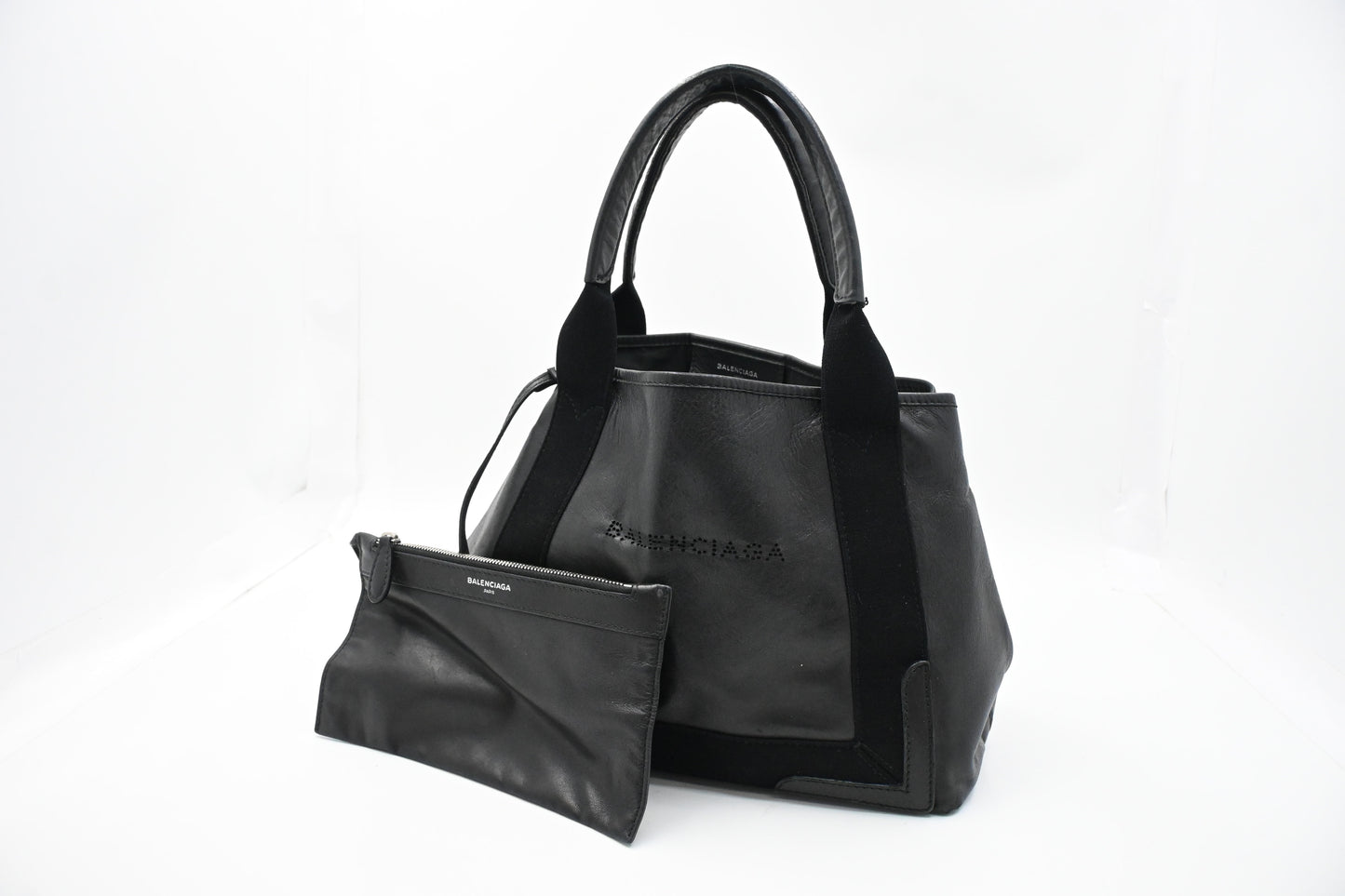 Balenciaga Navy Cabas Small Tote in Black Leather and Canvas