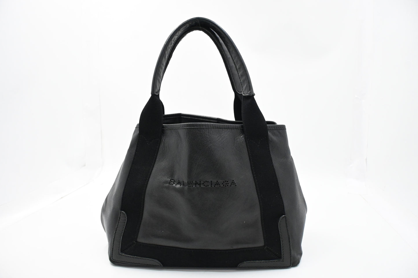 Balenciaga Navy Cabas Small Tote in Black Leather and Canvas