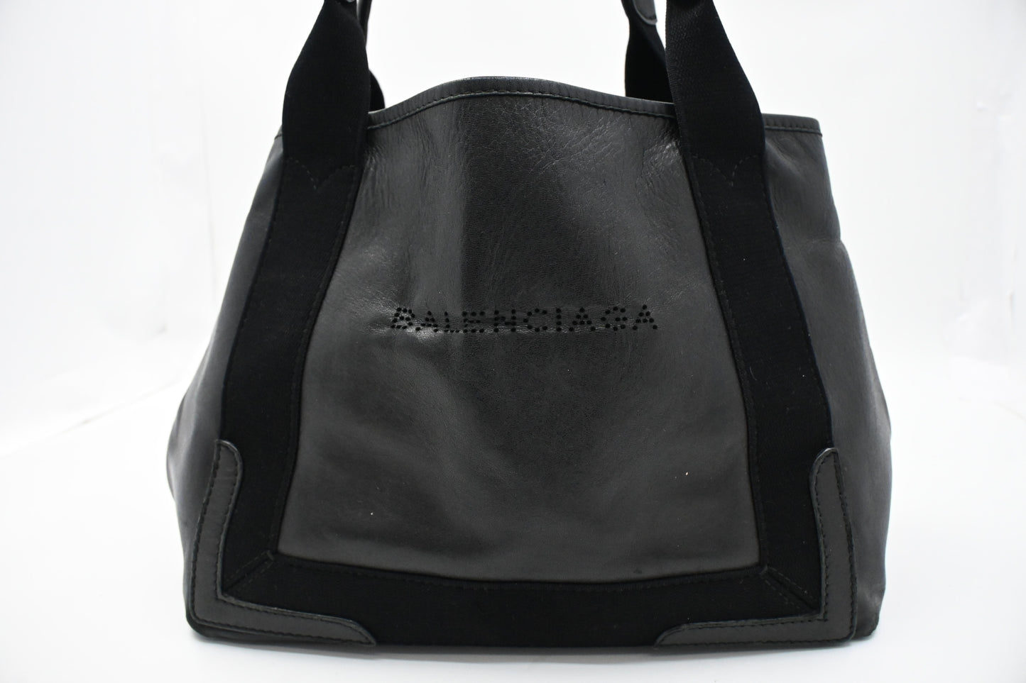 Balenciaga Navy Cabas Small Tote in Black Leather and Canvas