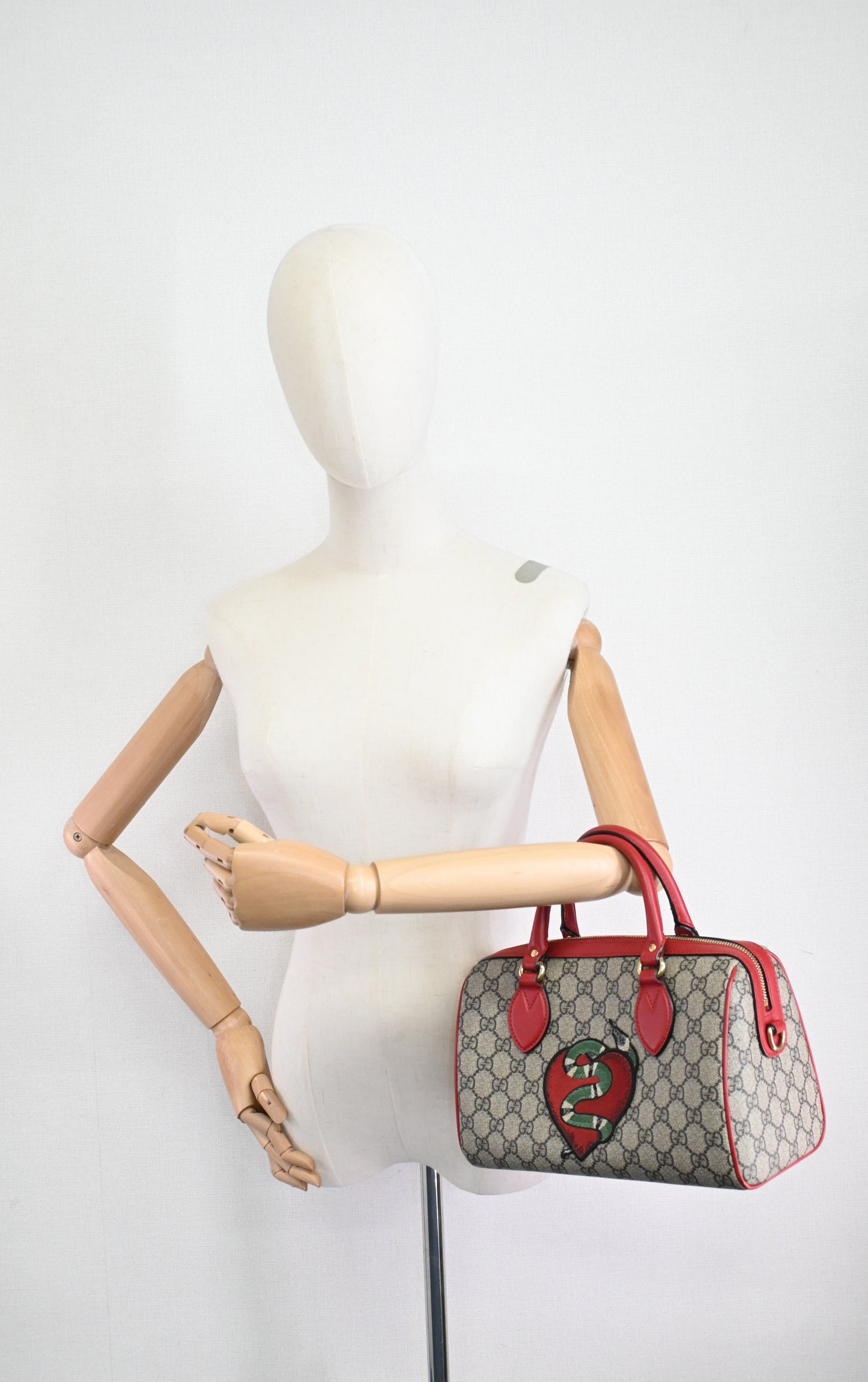 Gucci Snake Boston Bag in GG Supreme Canvas and Red Leather