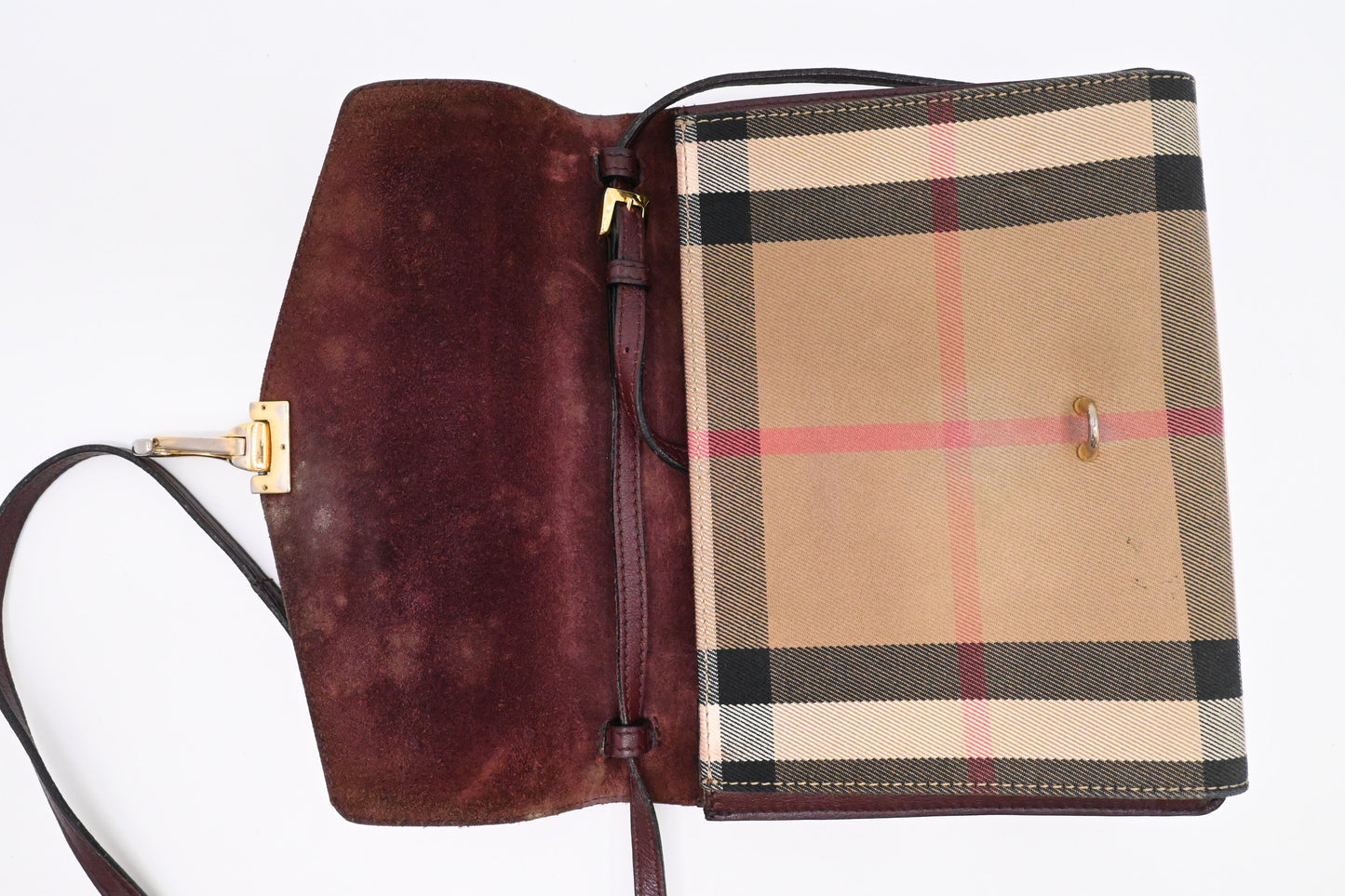 Burberry Crossbody in Burgundy Leather and Checked Canvas