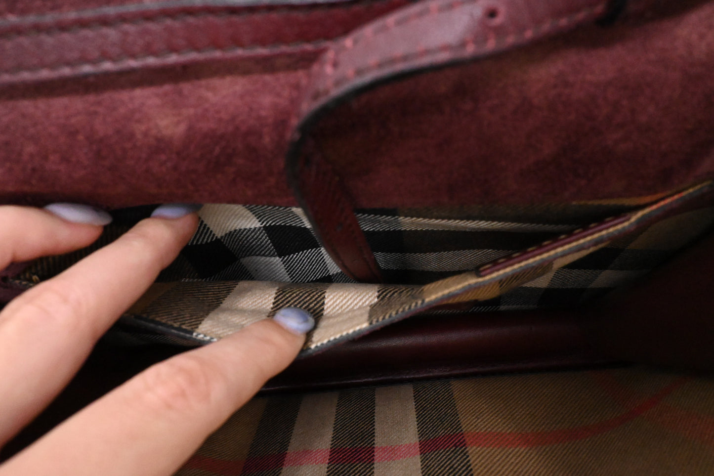 Burberry Crossbody in Burgundy Leather and Checked Canvas