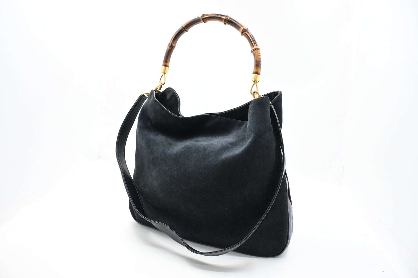 Gucci 2-Way Bamboo Tote Bag in Dark Blue Suede