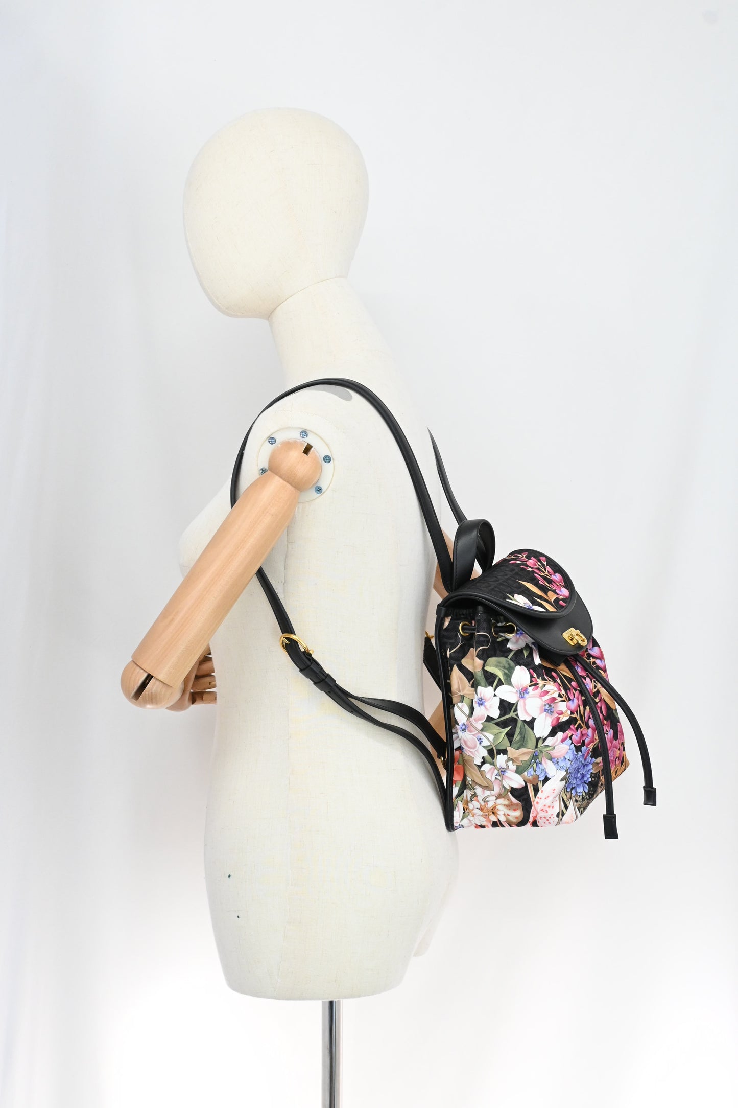 Ferragamo Backpack in Floral Nylon and Black Leather