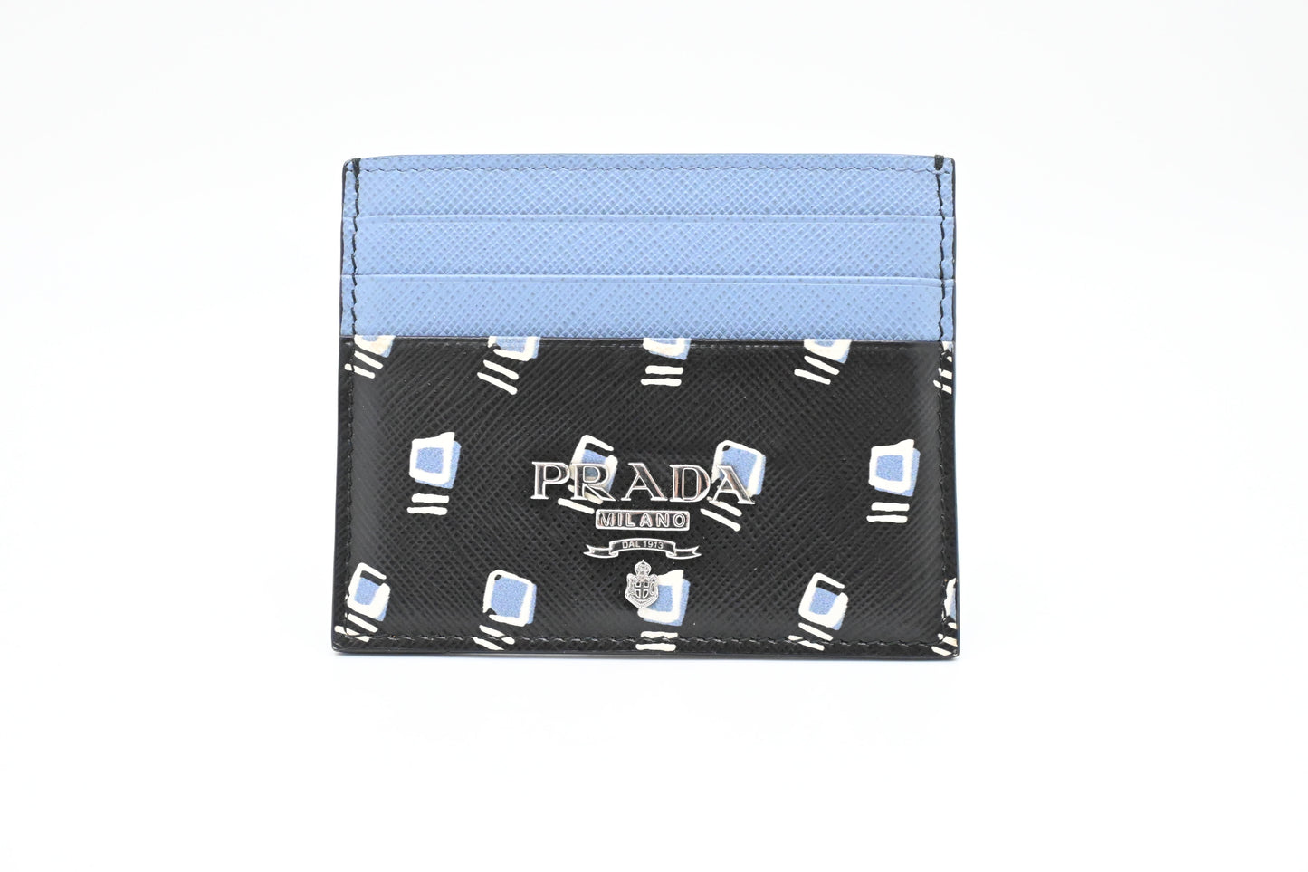 Prada Card Holder in Black and Blue Saffiano Leather
