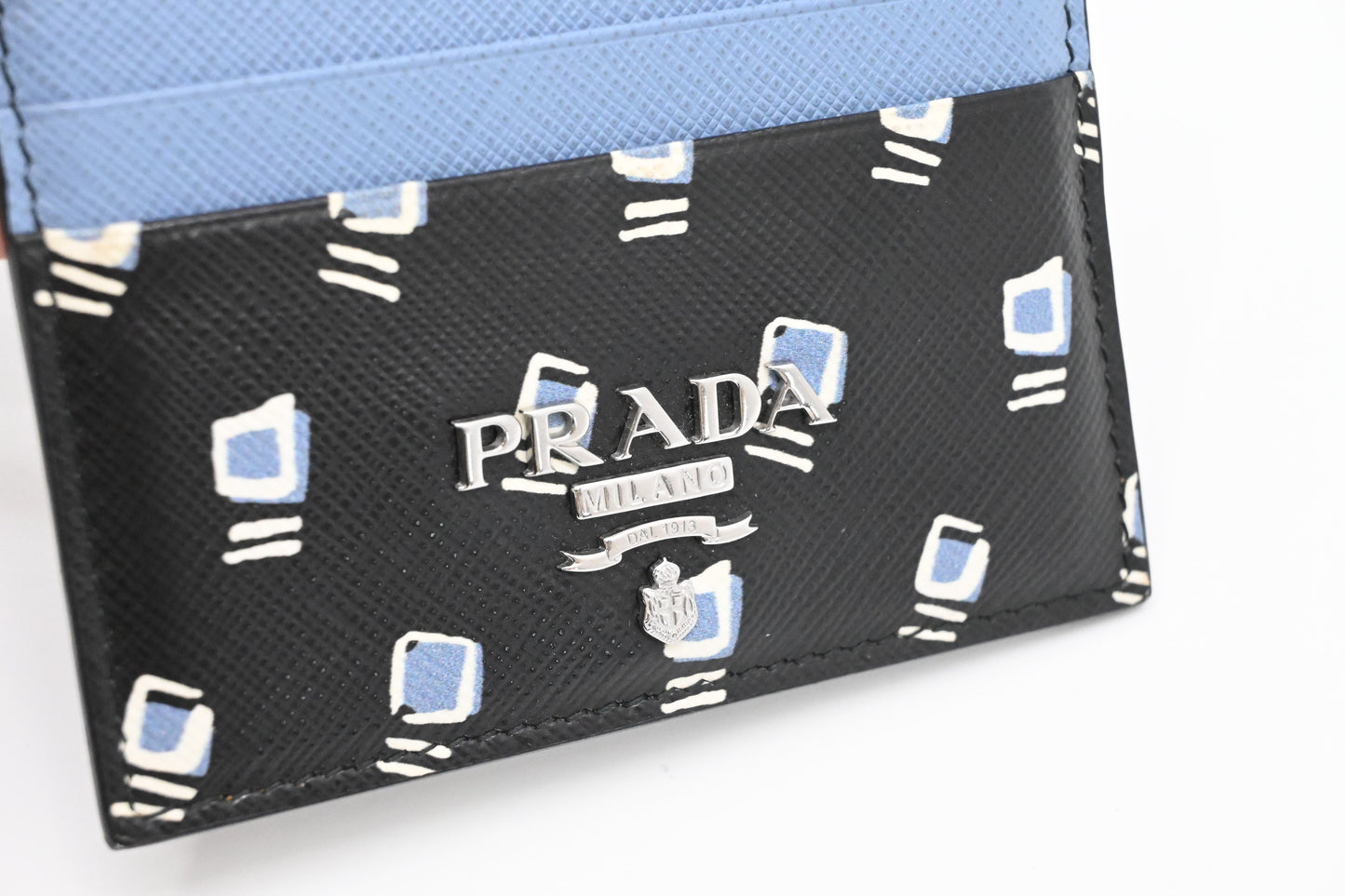 Prada Card Holder in Black and Blue Saffiano Leather