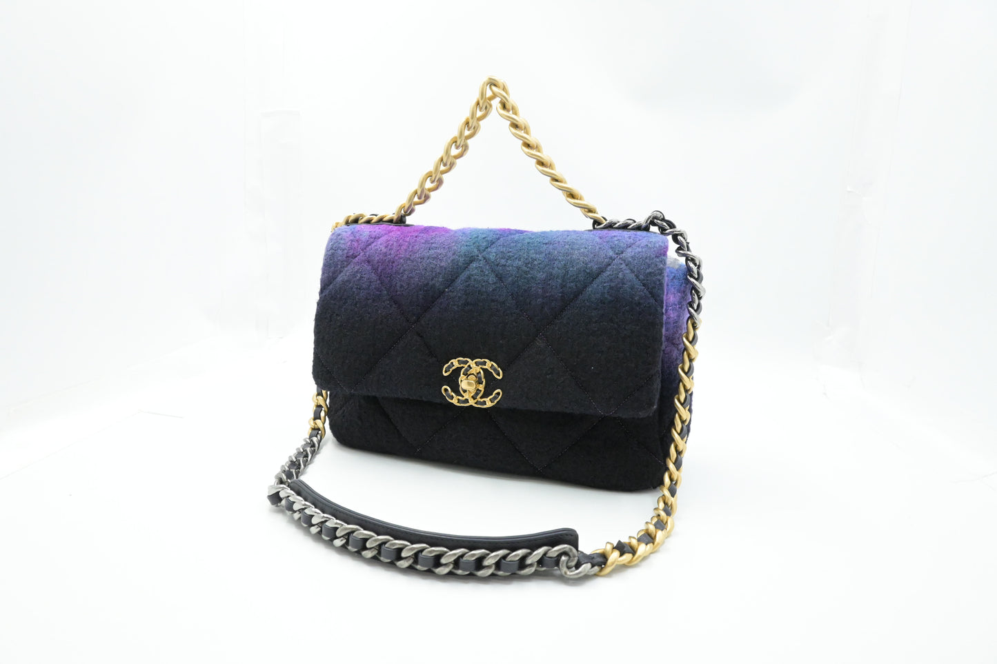 Chanel Large 19 in Black, Blue, and Purple Ombre Wool Tweed