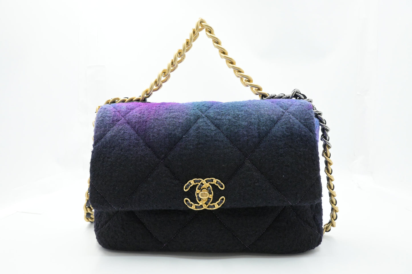 Chanel Large 19 in Black, Blue, and Purple Ombre Wool Tweed
