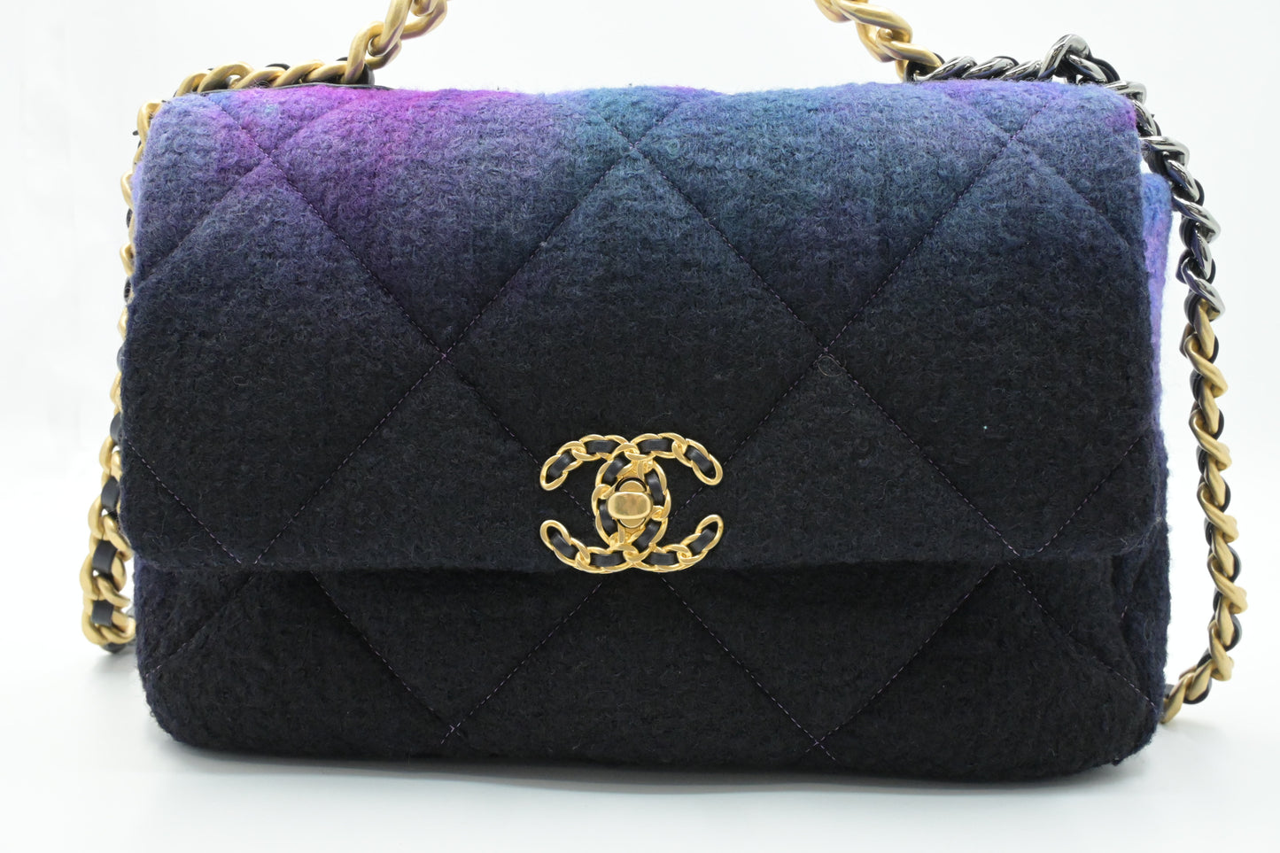 Chanel Large 19 in Black, Blue, and Purple Ombre Wool Tweed
