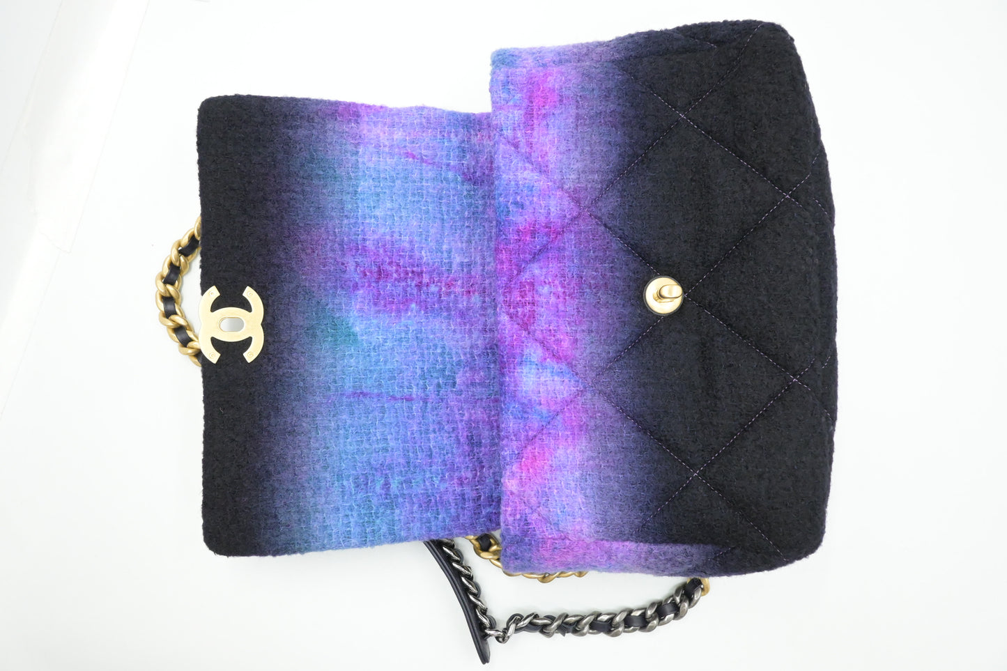 Chanel Large 19 in Black, Blue, and Purple Ombre Wool Tweed