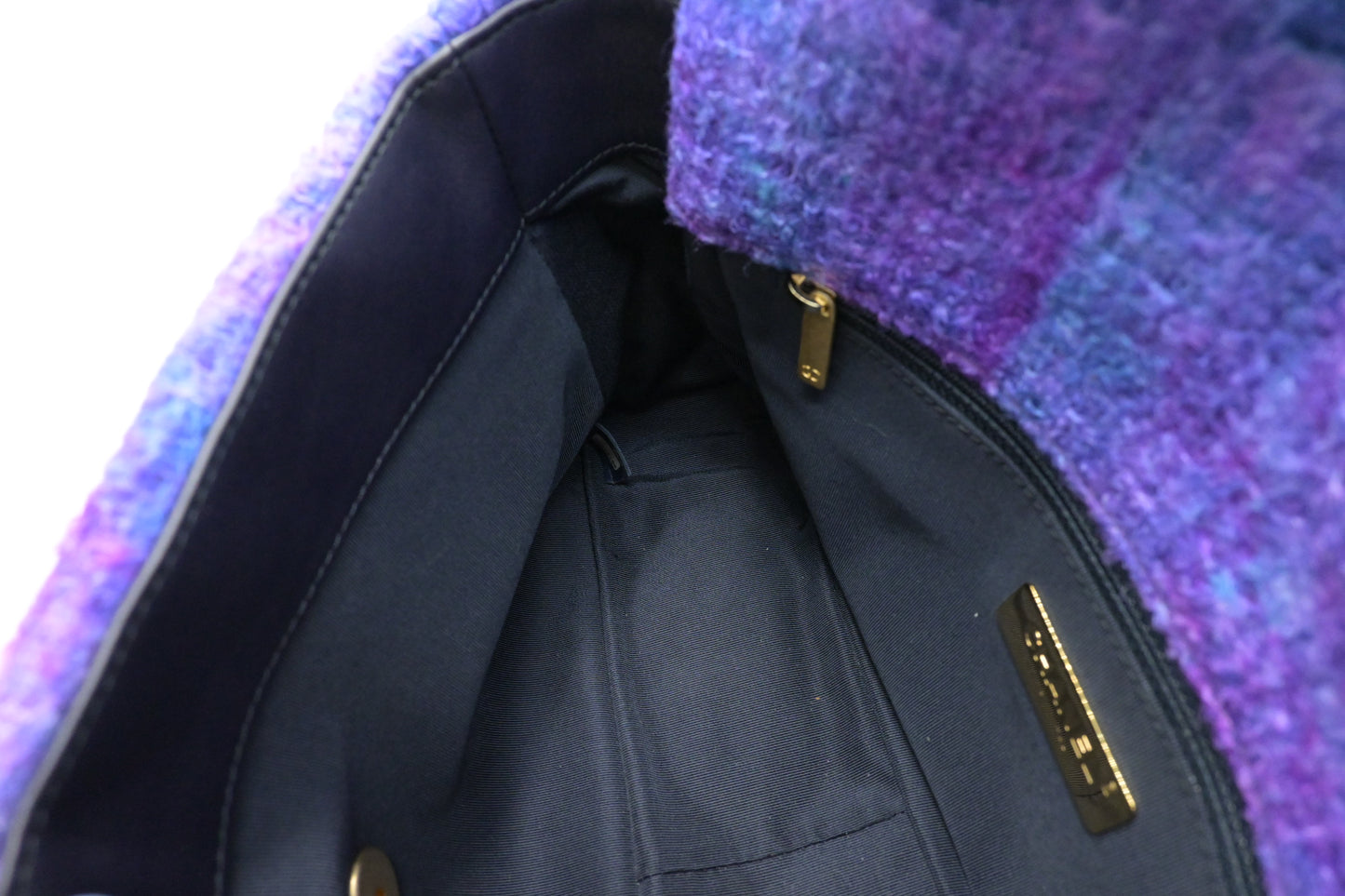 Chanel Large 19 in Black, Blue, and Purple Ombre Wool Tweed