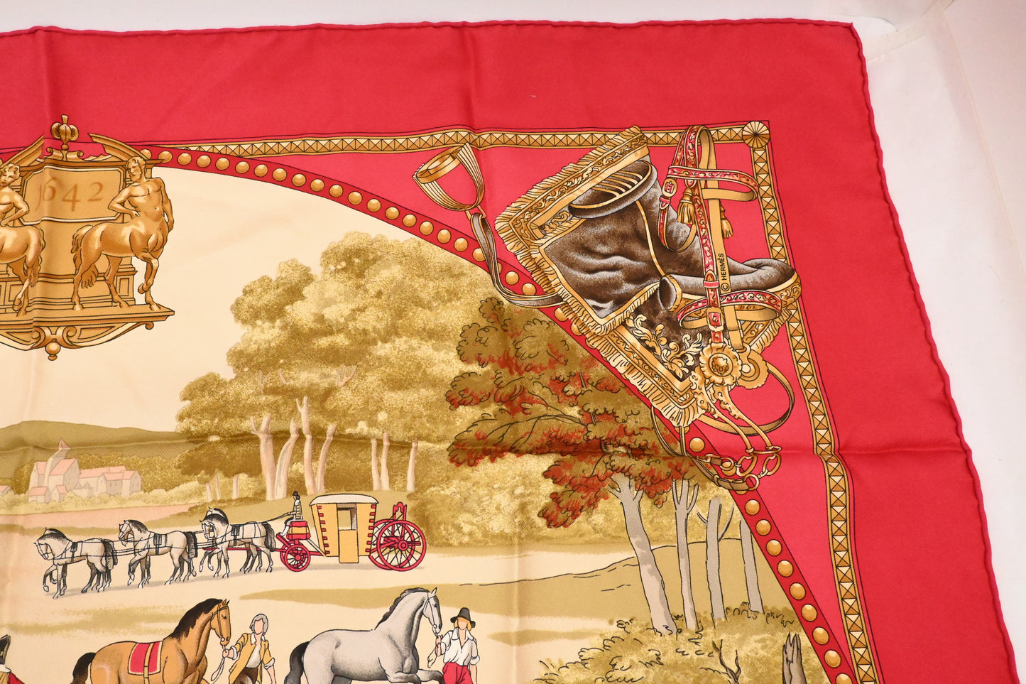 Hermes 'Presentation de Chevaux' Carre 90 in Red Silk