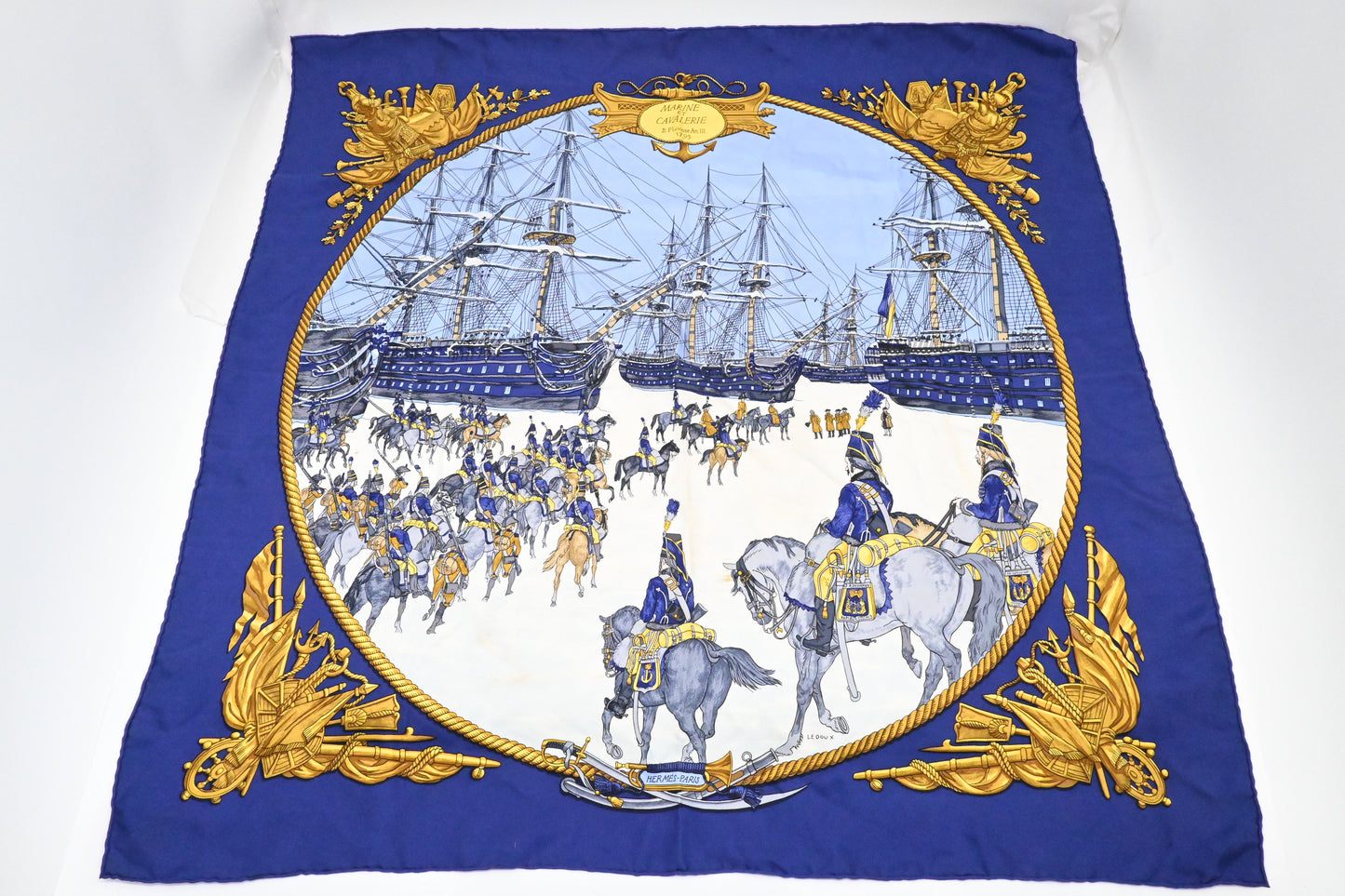 Hermes 'Marine et Cavalerie' Carre 90 in Blue Silk