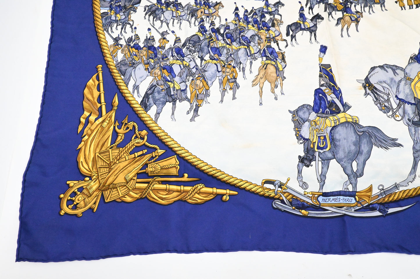 Hermes 'Marine et Cavalerie' Carre 90 in Blue Silk