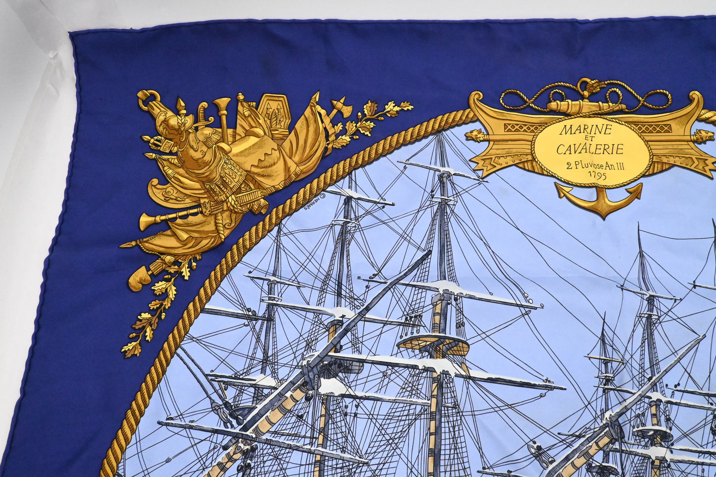 Hermes 'Marine et Cavalerie' Carre 90 in Blue Silk