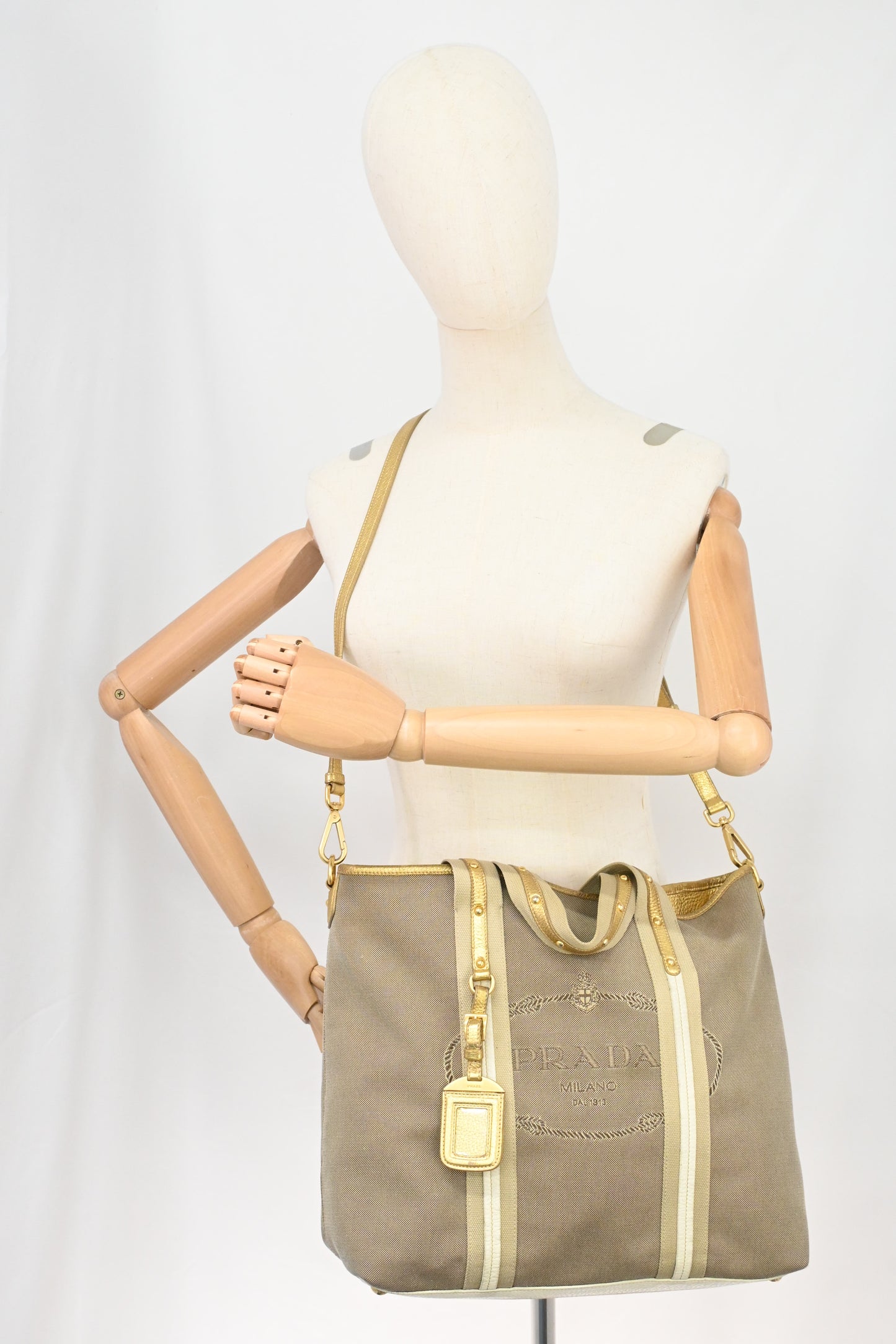 Prada Logo Jacquard Tote in Beige Canvas and Gold Leather