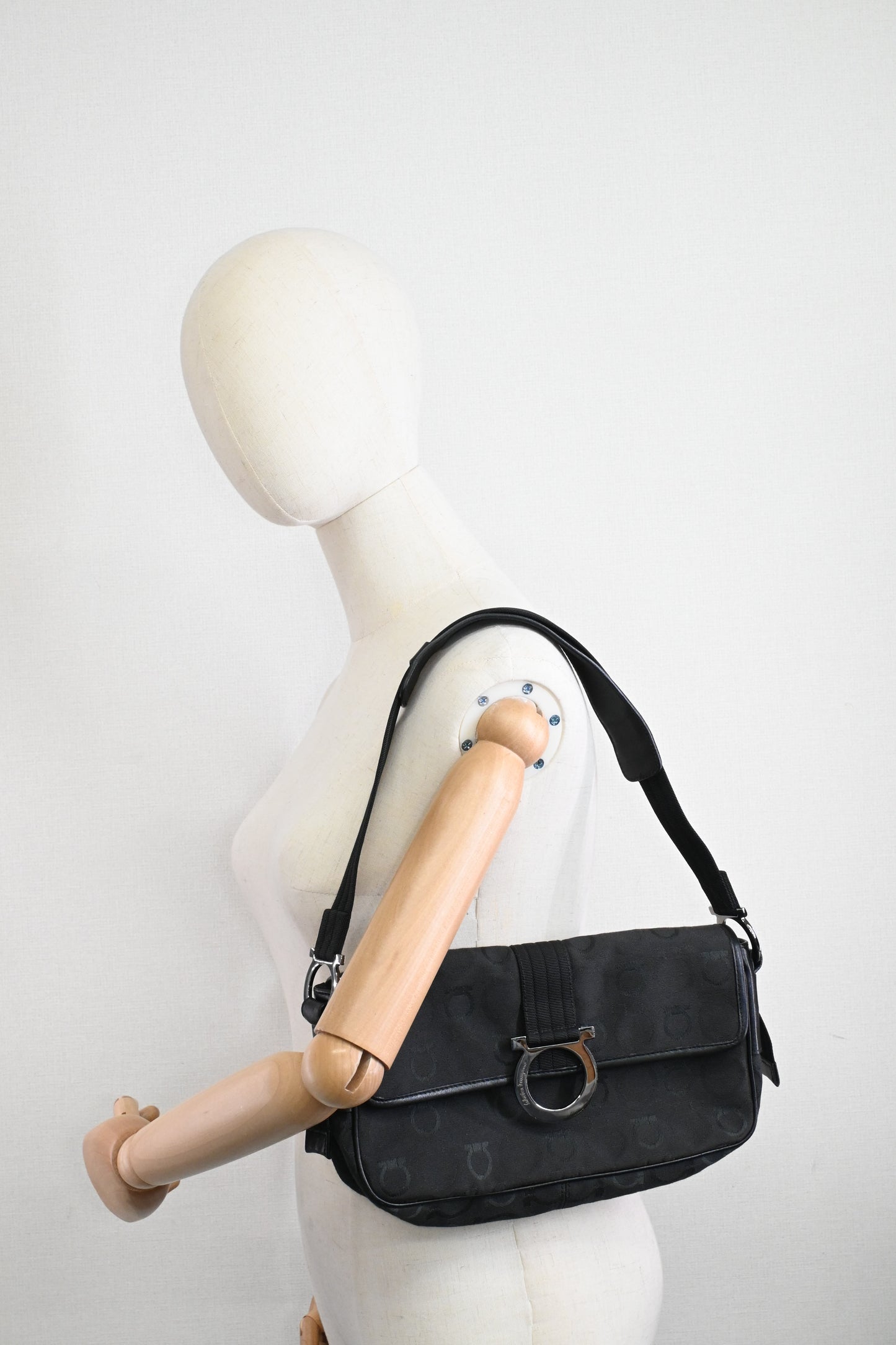 Ferragamo Shoulder Bag in Black Gancini Canvas