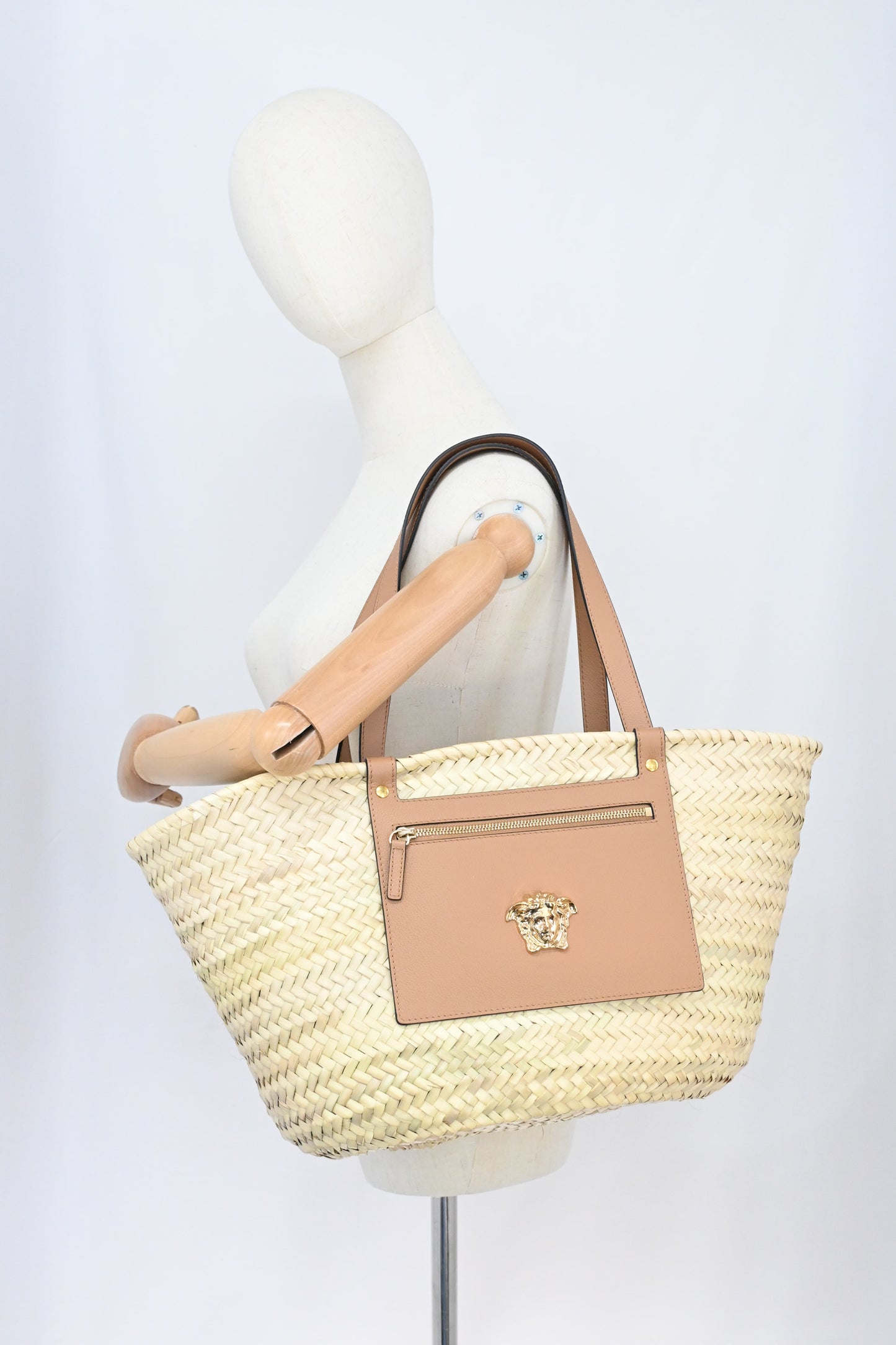 Versace Basket Bag in Raffia and Light Brown Leather