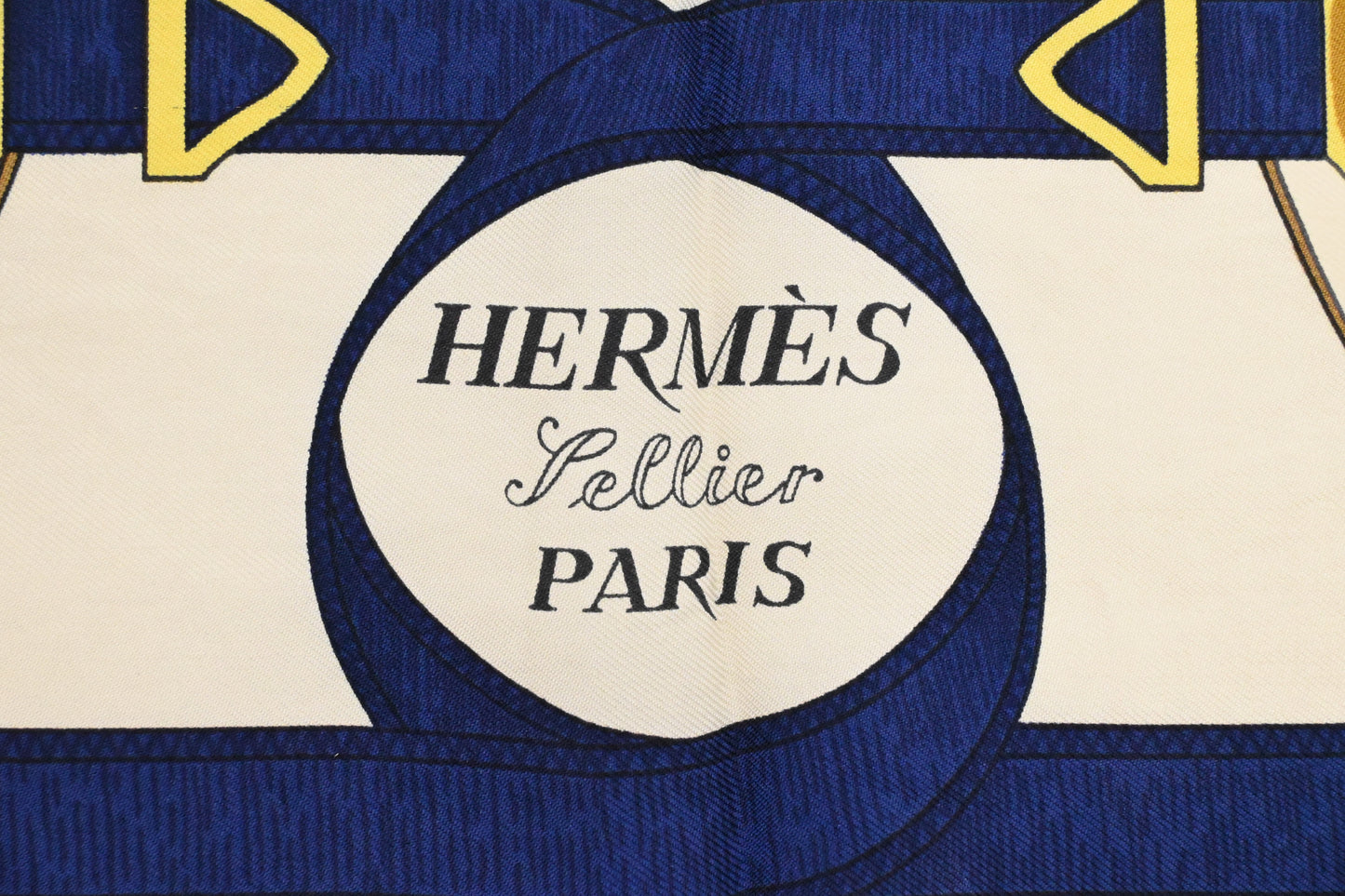 Hermes 'Eperon D'or' Carre 90 in Blue and Cream Silk
