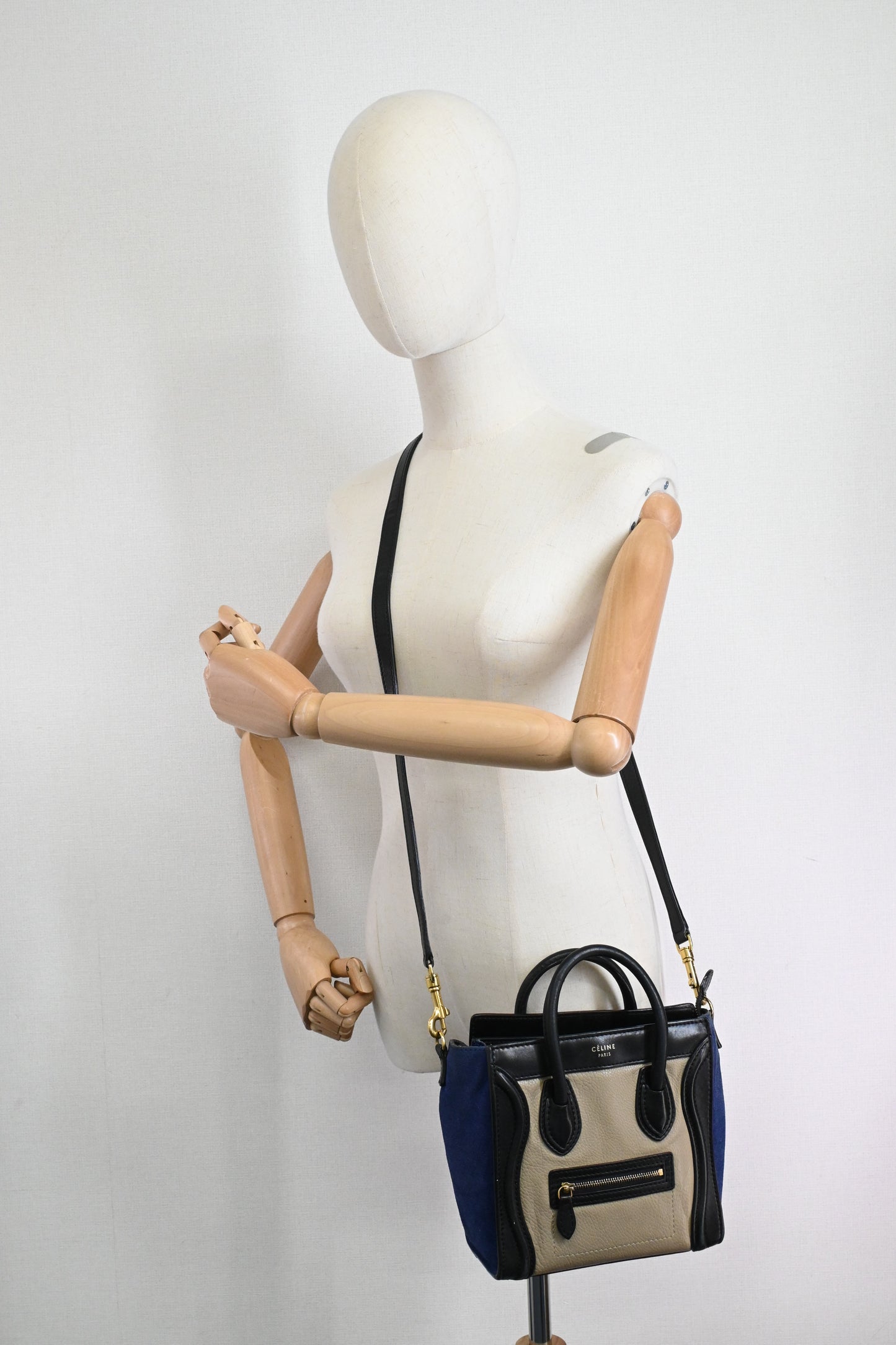 Celine Nano Luggage in Beige, Black and Blue Leather