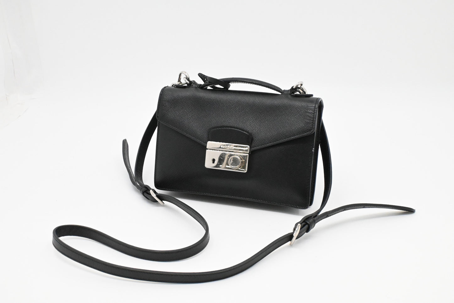 Prada Mini Sound Crossbody in Black Saffiano Leather
