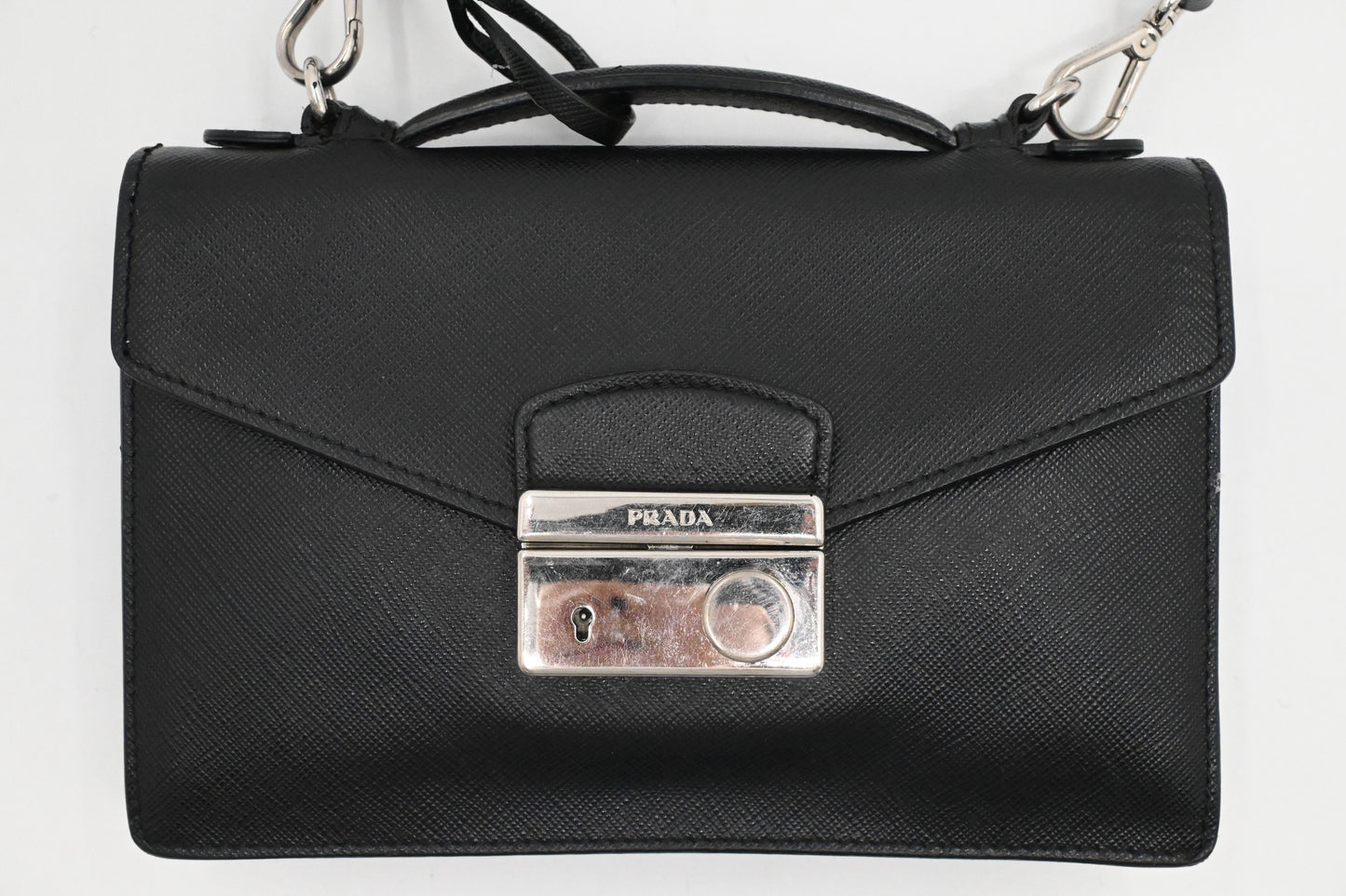 Prada Mini Sound Crossbody in Black Saffiano Leather