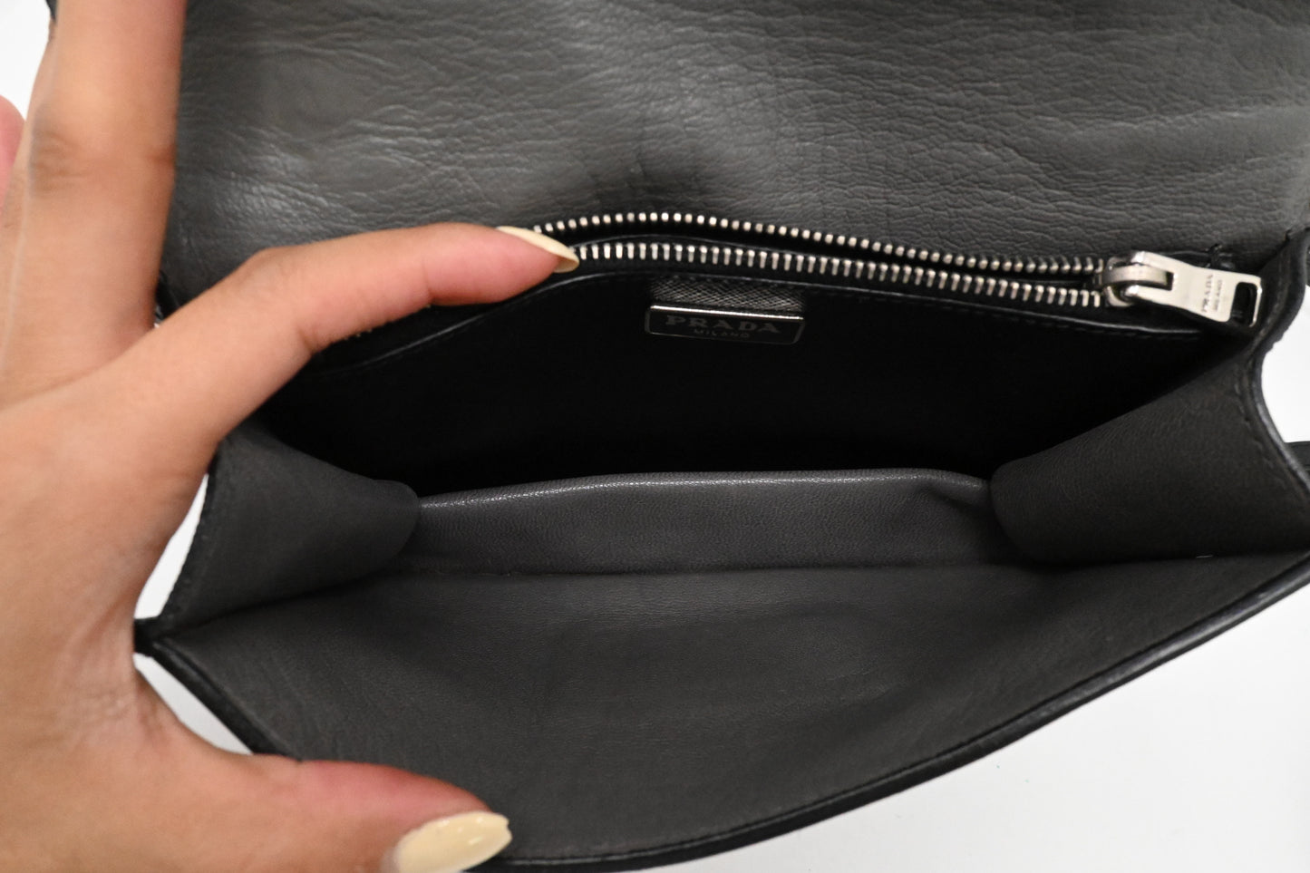 Prada Mini Sound Crossbody in Black Saffiano Leather