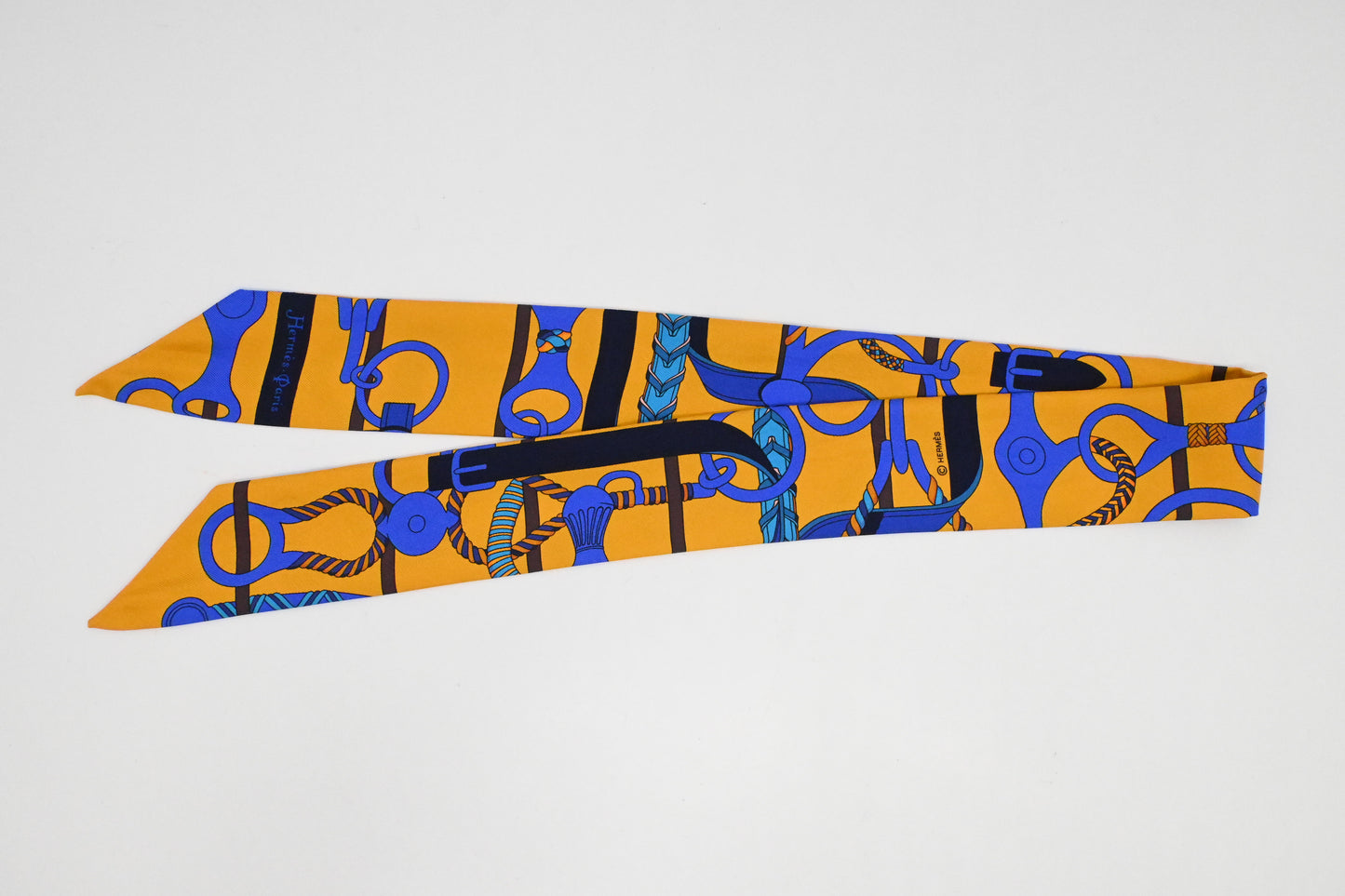 Hermes 'Panoplie Equestre' Twilly in Yellow and Blue Silk