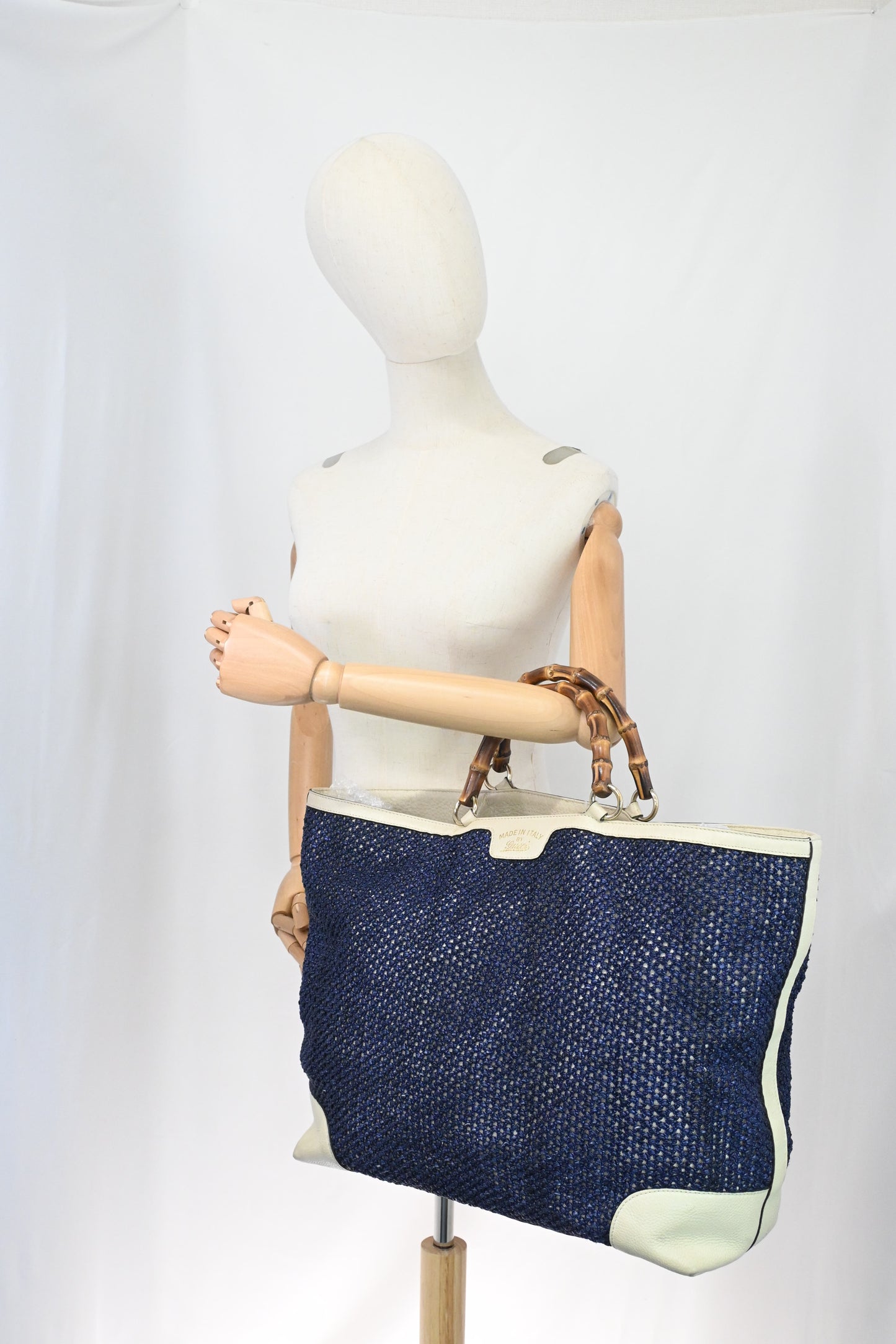 Gucci Large Bamboo Tote in Blue Raffia and Cream Leather
