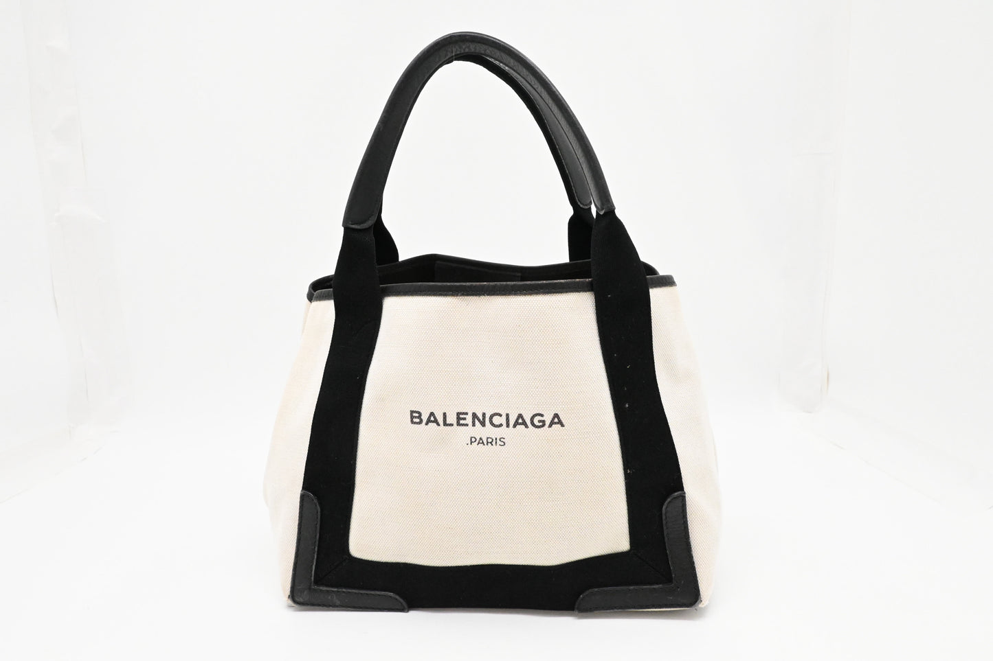 Balenciaga Navy Cabas Small Tote in Ecru and Black Canvas