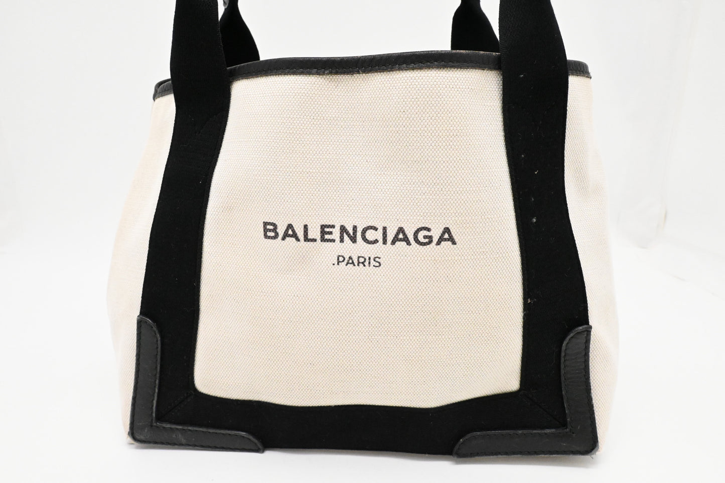 Balenciaga Navy Cabas Small Tote in Ecru and Black Canvas