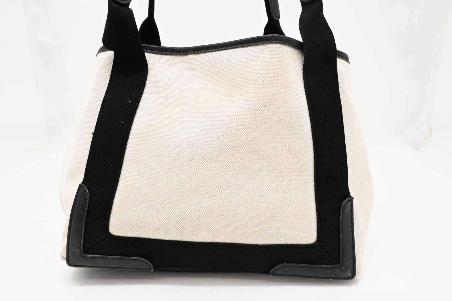 Balenciaga Navy Cabas Small Tote in Ecru and Black Canvas