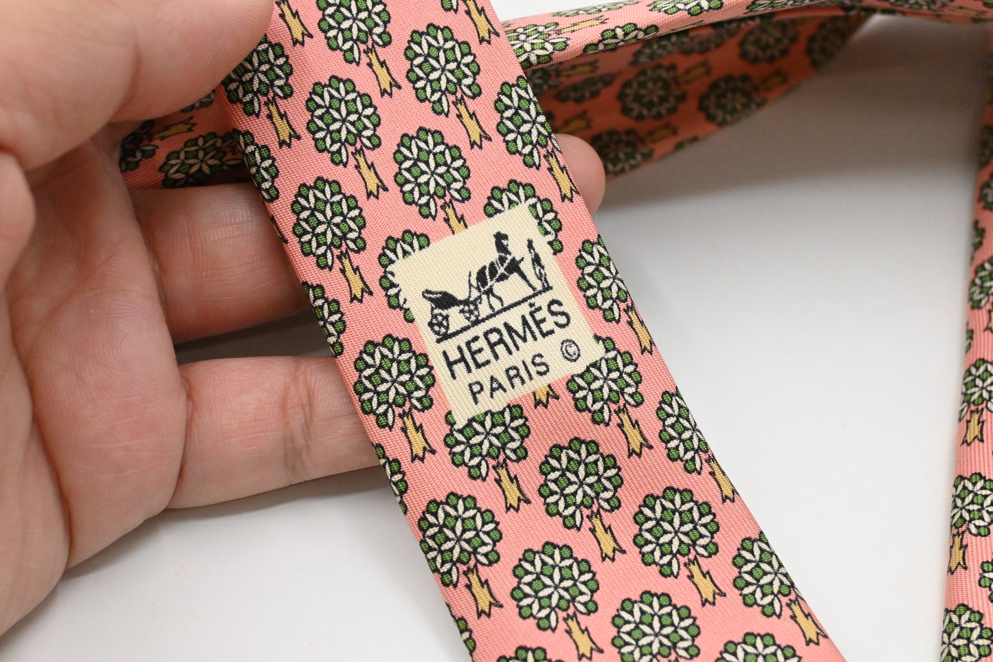 Hermes Tie in Pale Pink and Green Silk