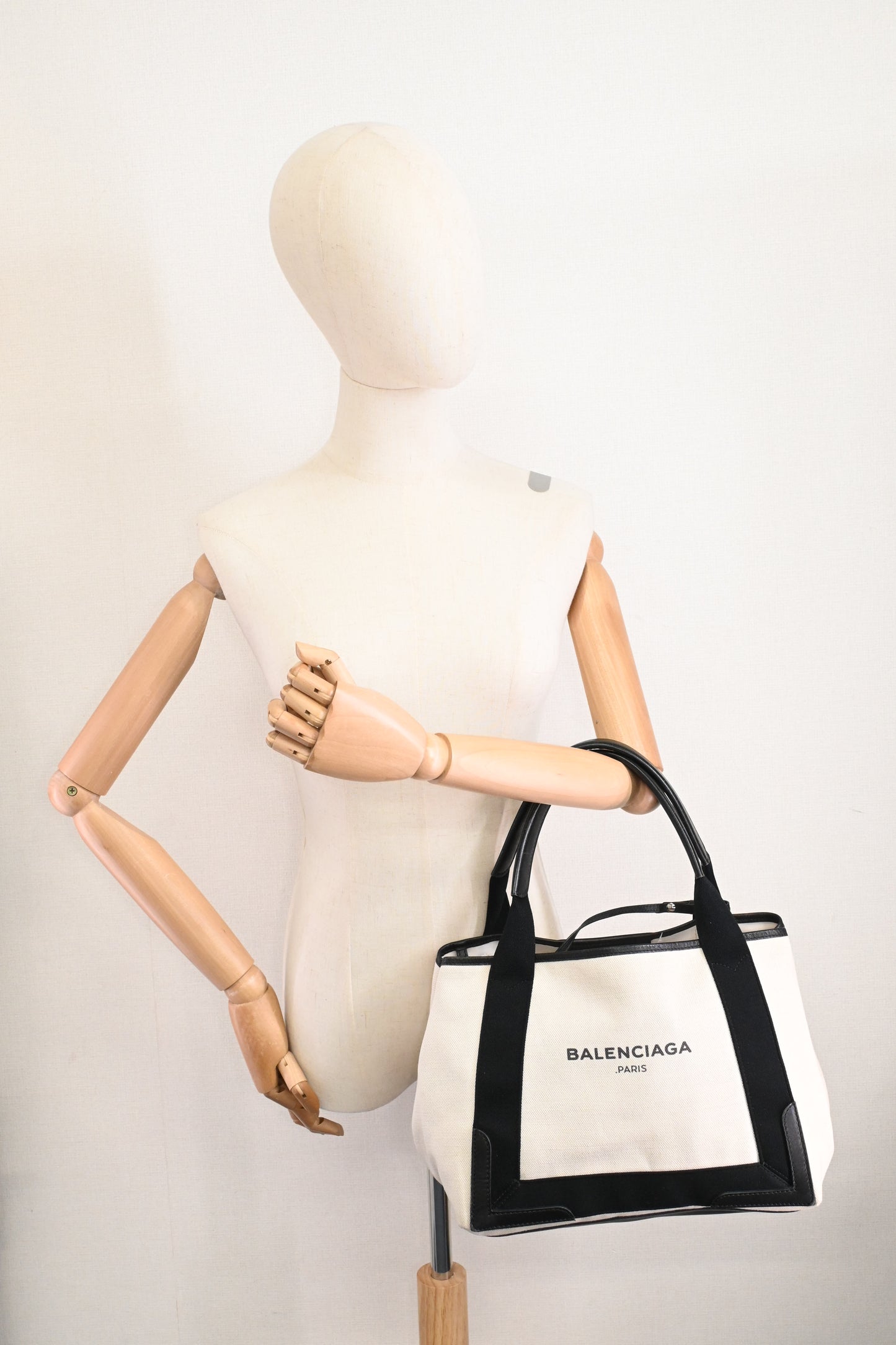Balenciaga Medium Navy Cabas Tote in Ecru and Black Canvas