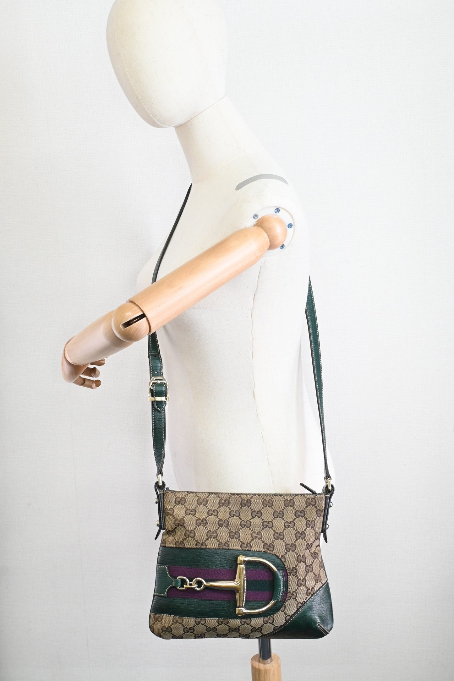 Gucci Horsebit Crossbody in GG Canvas and Green Leather
