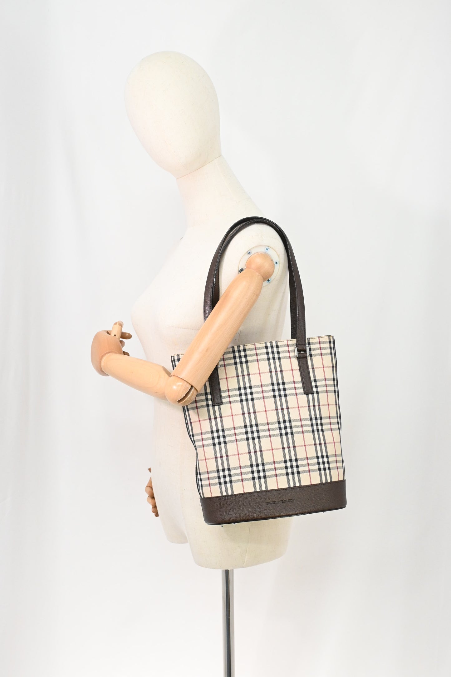 Burberry Bucket Shoulder Bag in Beige Checked Canvas