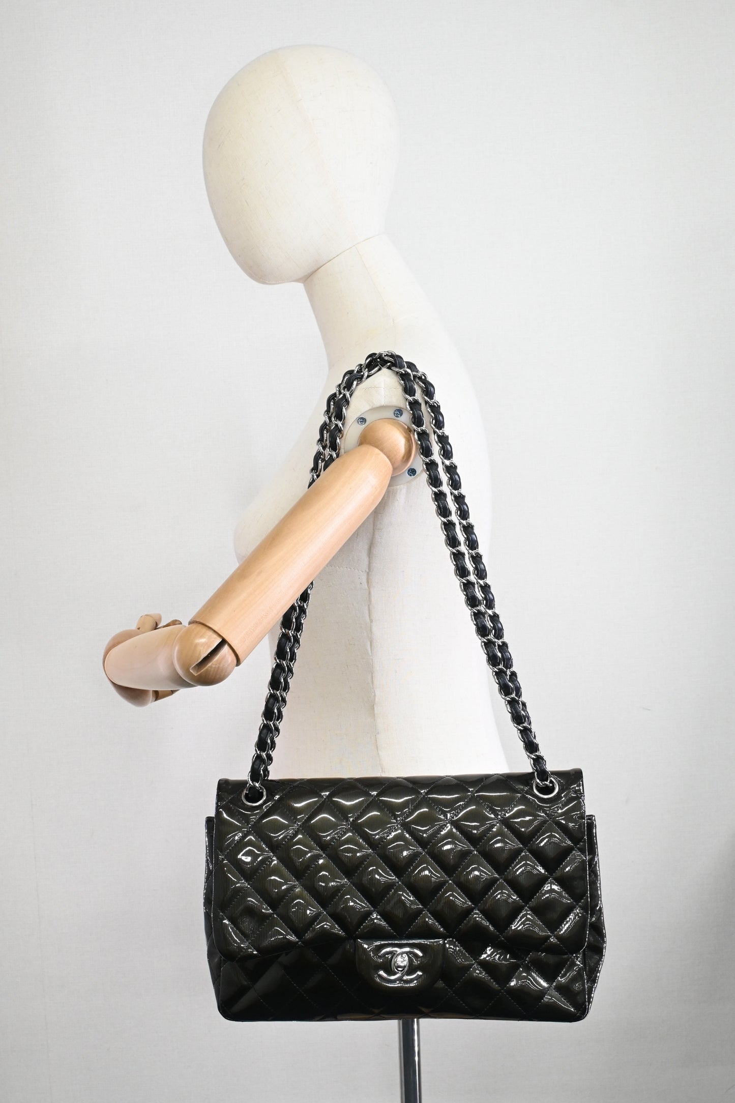 Chanel Jumbo Flap in Dark Green Striated Patent Leather